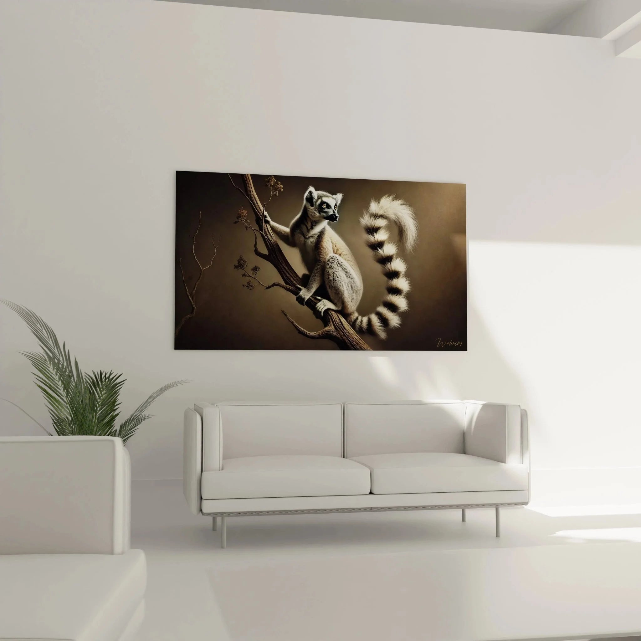 Detailaufnahme Lemur Wandbild, Katta Gesicht mit blauen Augen und charakteristischem Fell