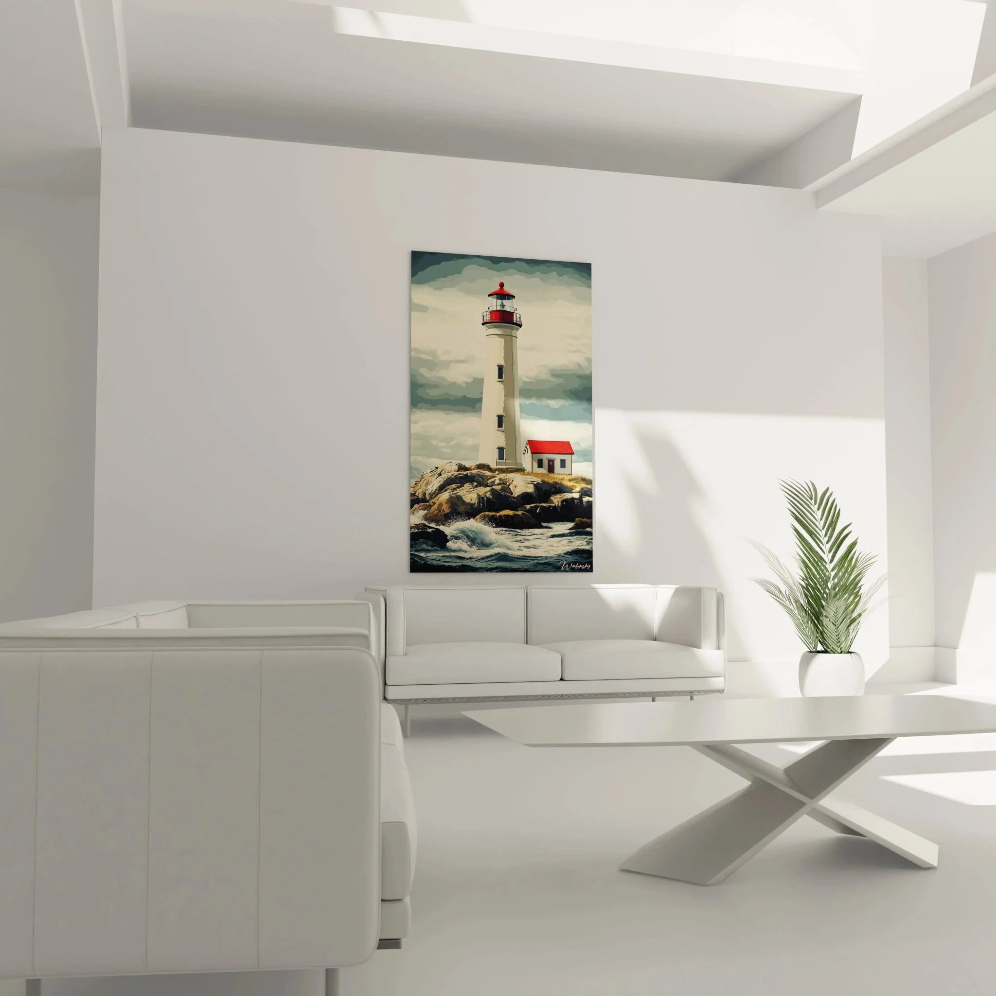 Detailansicht Wandbild Leuchtturm - rote Laterne und Wärterhaus auf dramatischen Felsen am Meer