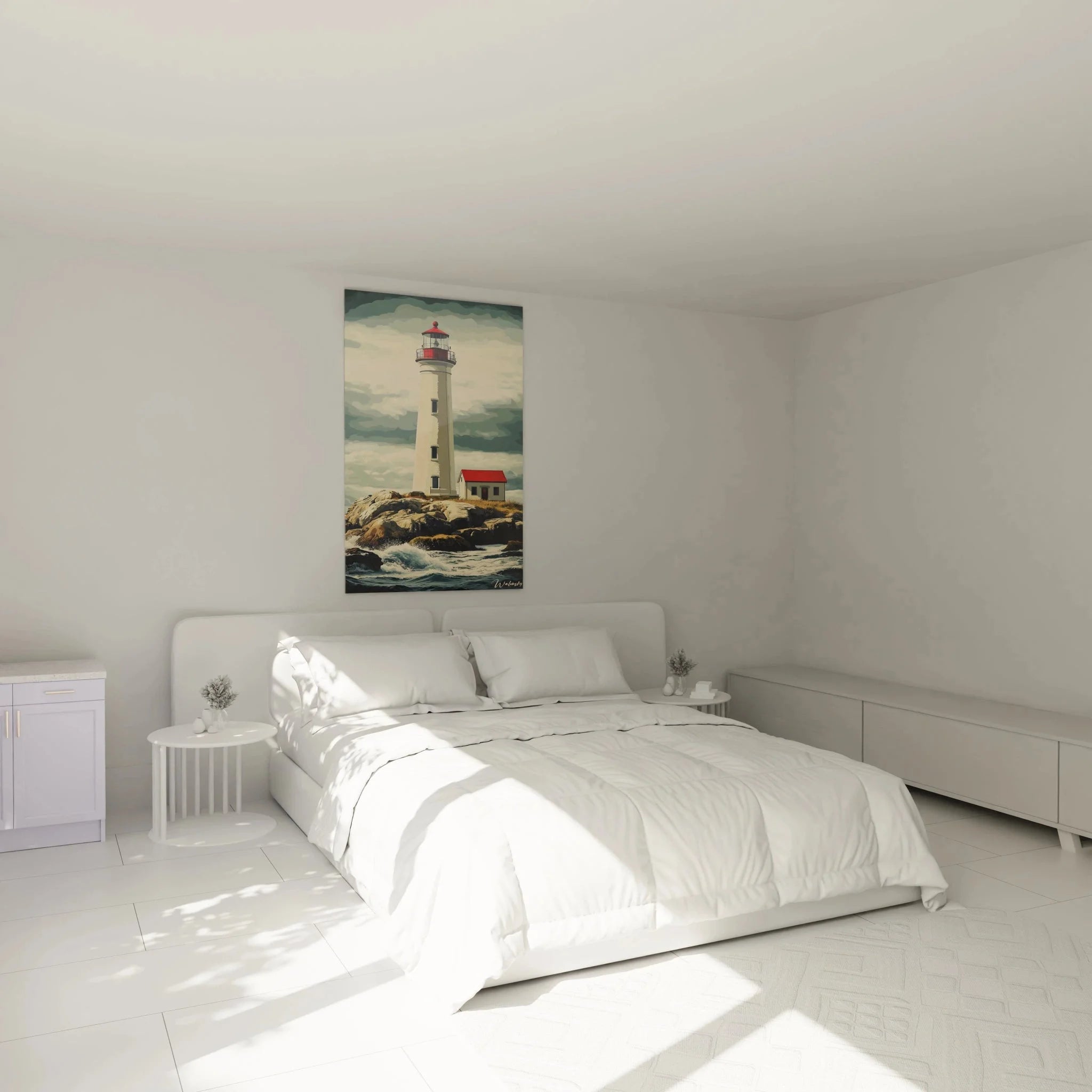 Maritime Leuchtturm Wanddekoration im Schlafzimmer - Küstenlandschaft als XXL Wandbild