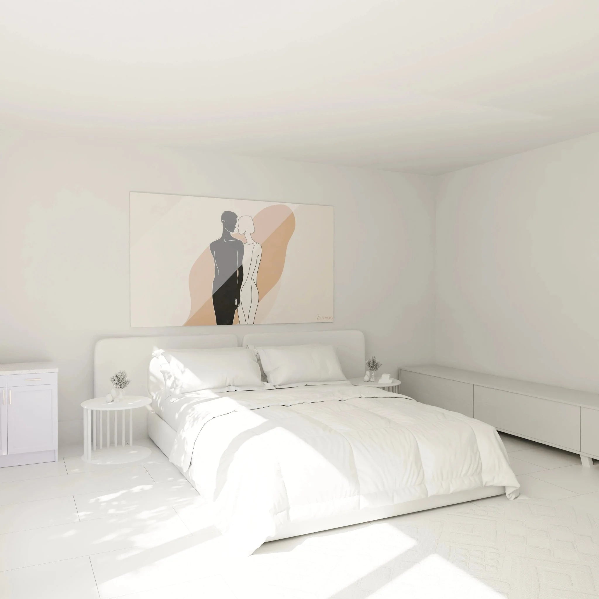 Abstraktes Liebespaar Wandbild im Schlafzimmer - romantische Wandkunst Marc Chagall Stil