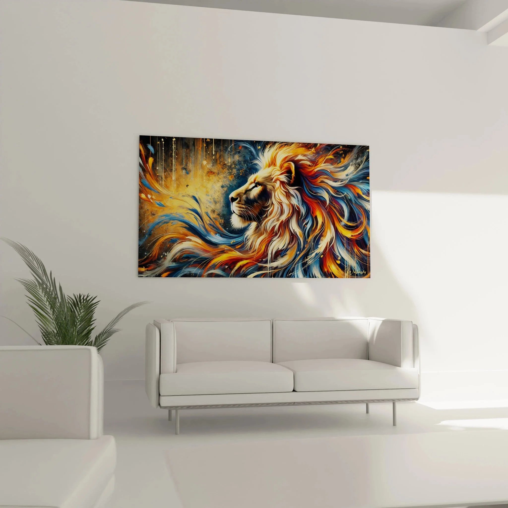 Detailansicht Löwe Leinwand Kunst zeigt majestätischen Löwenkopf mit fließenden Farbelementen