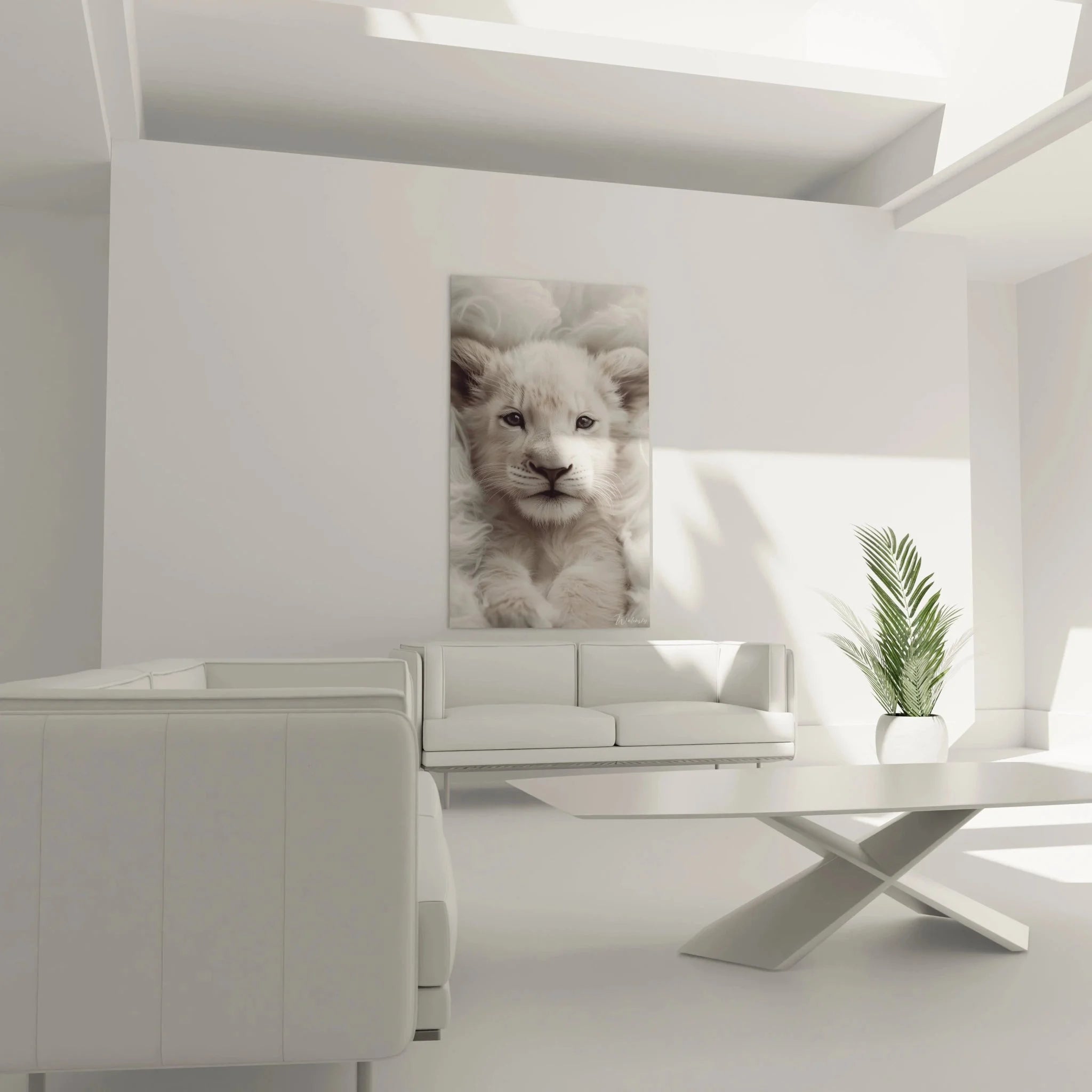 Detailaufnahme Löwenbaby Wandbild - kunstvolle Darstellung mit feinen Fellstrukturen und ausdrucksstarken Augen