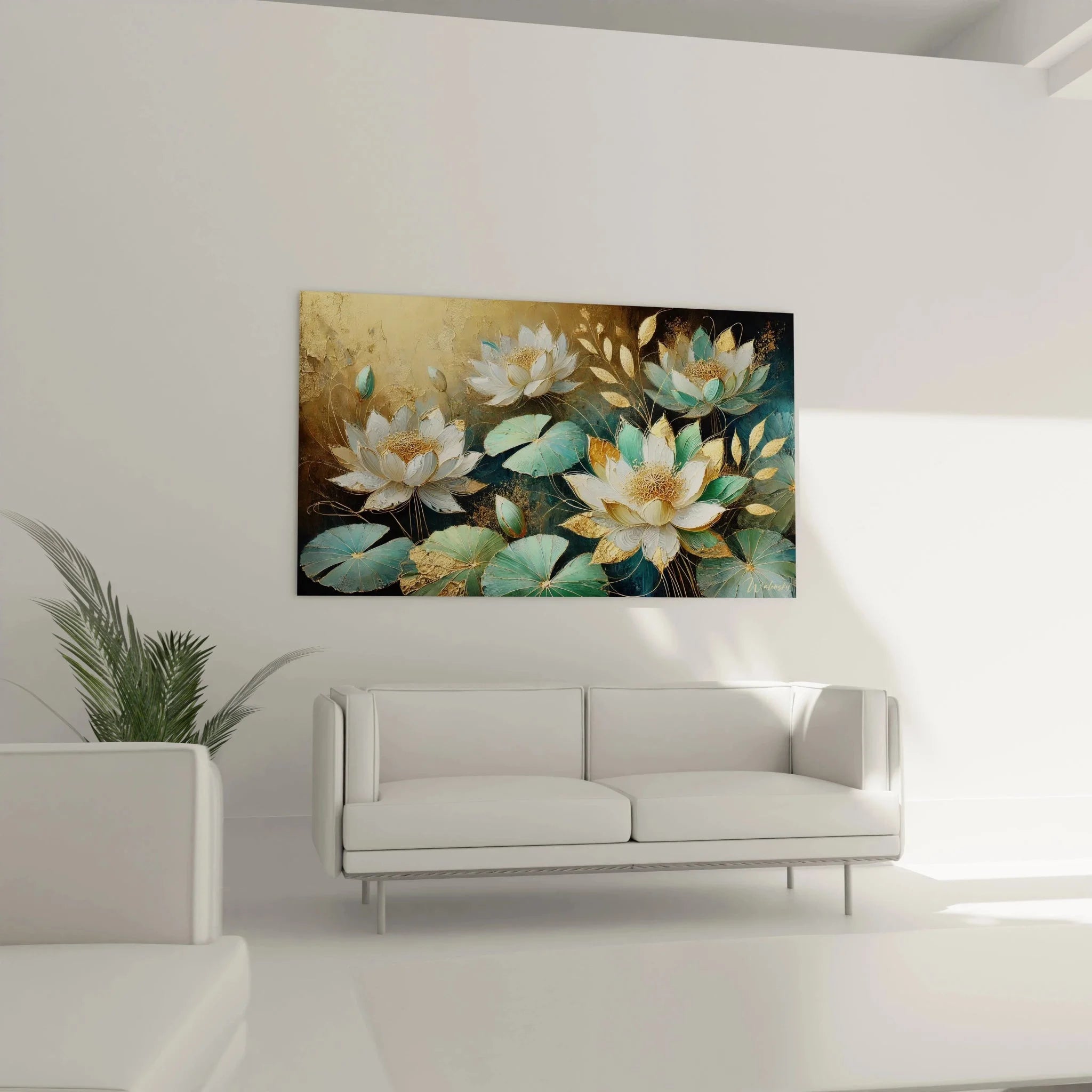 Detailansicht Lotus-Blüten Wandbild mit goldenen Akzenten und weißen Blütenblättern