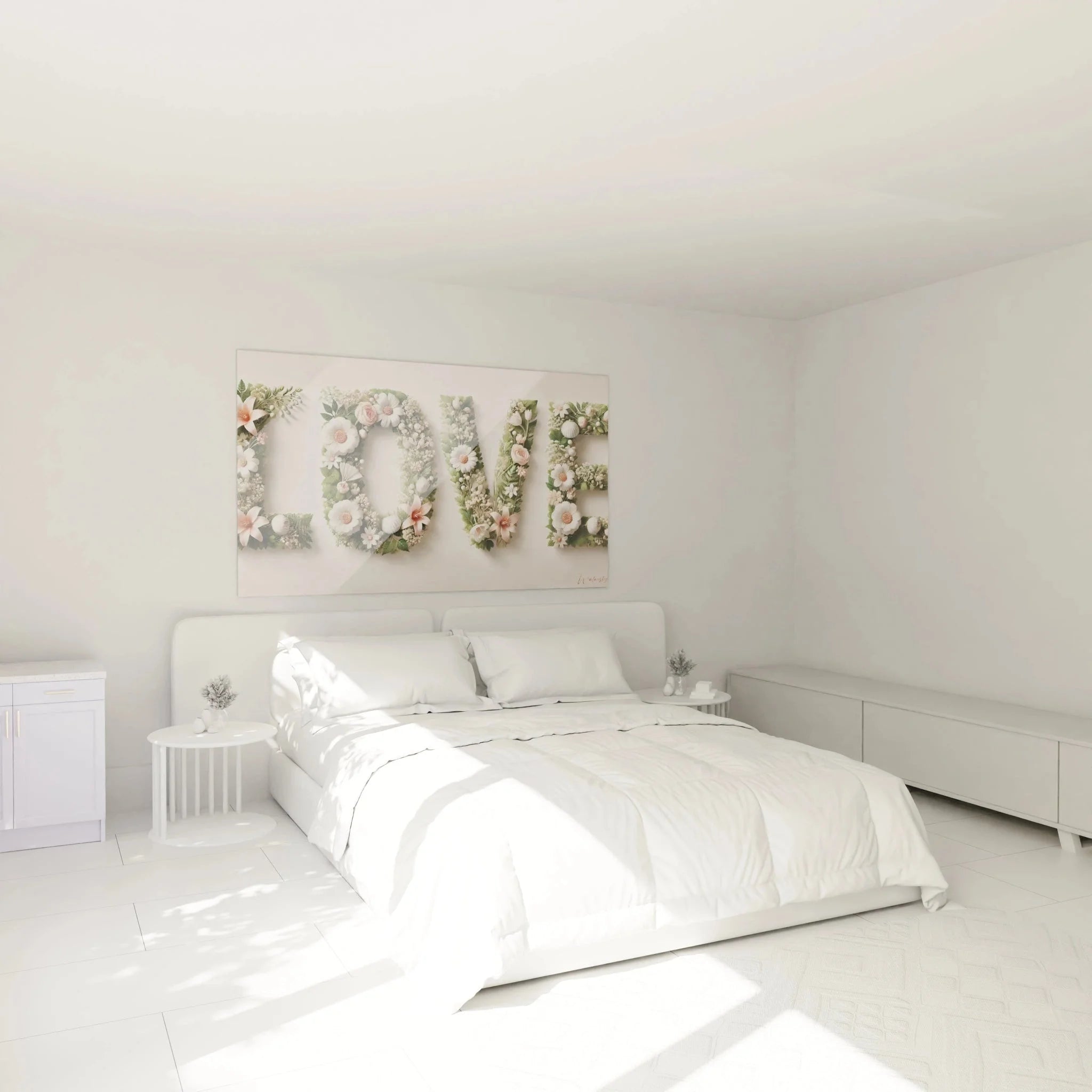 LOVE Wandbild mit Blüten im Schlafzimmer - romantische Wanddekoration über dem Bett