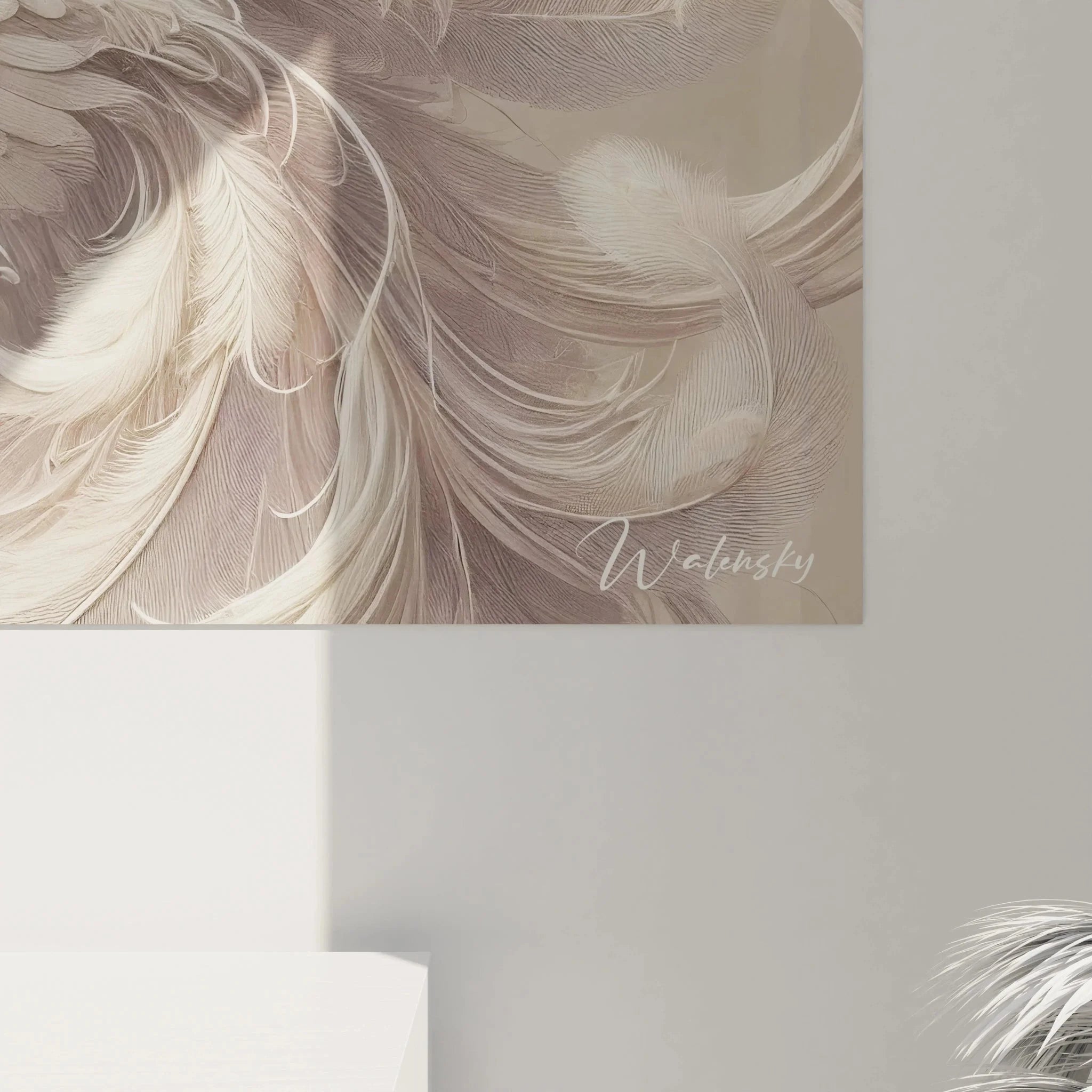 Gesamtansicht luxuriöses Reiher Wandbild mit fließenden goldenen Ornamenten, Premium Wandkunst für Wohnräume