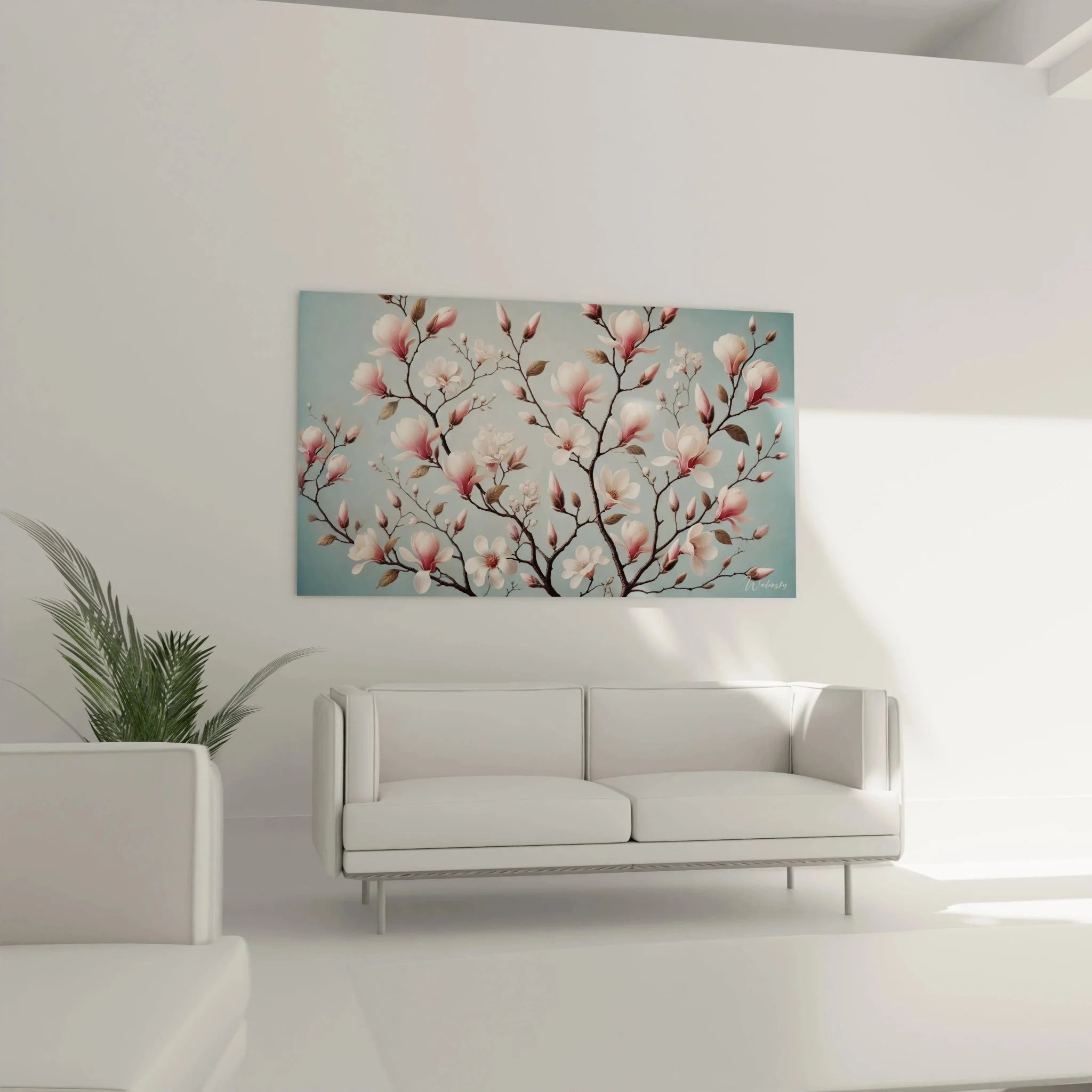 Detailansicht Magnolienblüten Wandbild rosa weiße Blütenblätter braune Äste asiatische Malerei