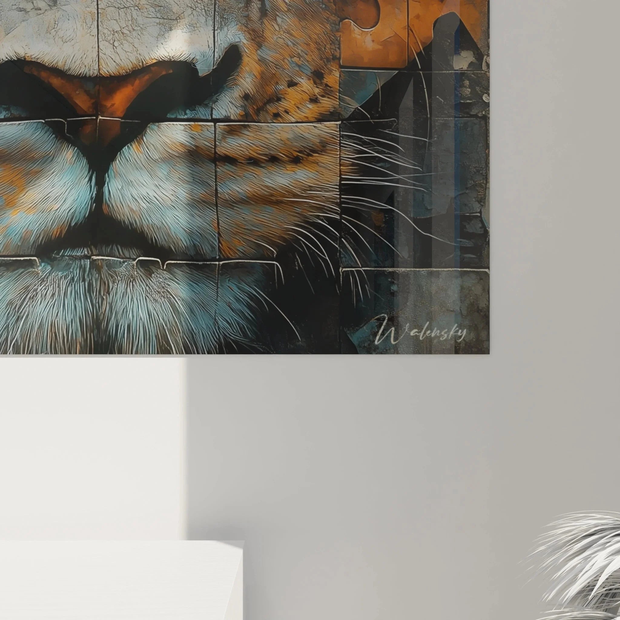 Gesamtansicht des majestätischen Löwen Puzzle Wandbildes mit allen sichtbaren Mosaikteilen