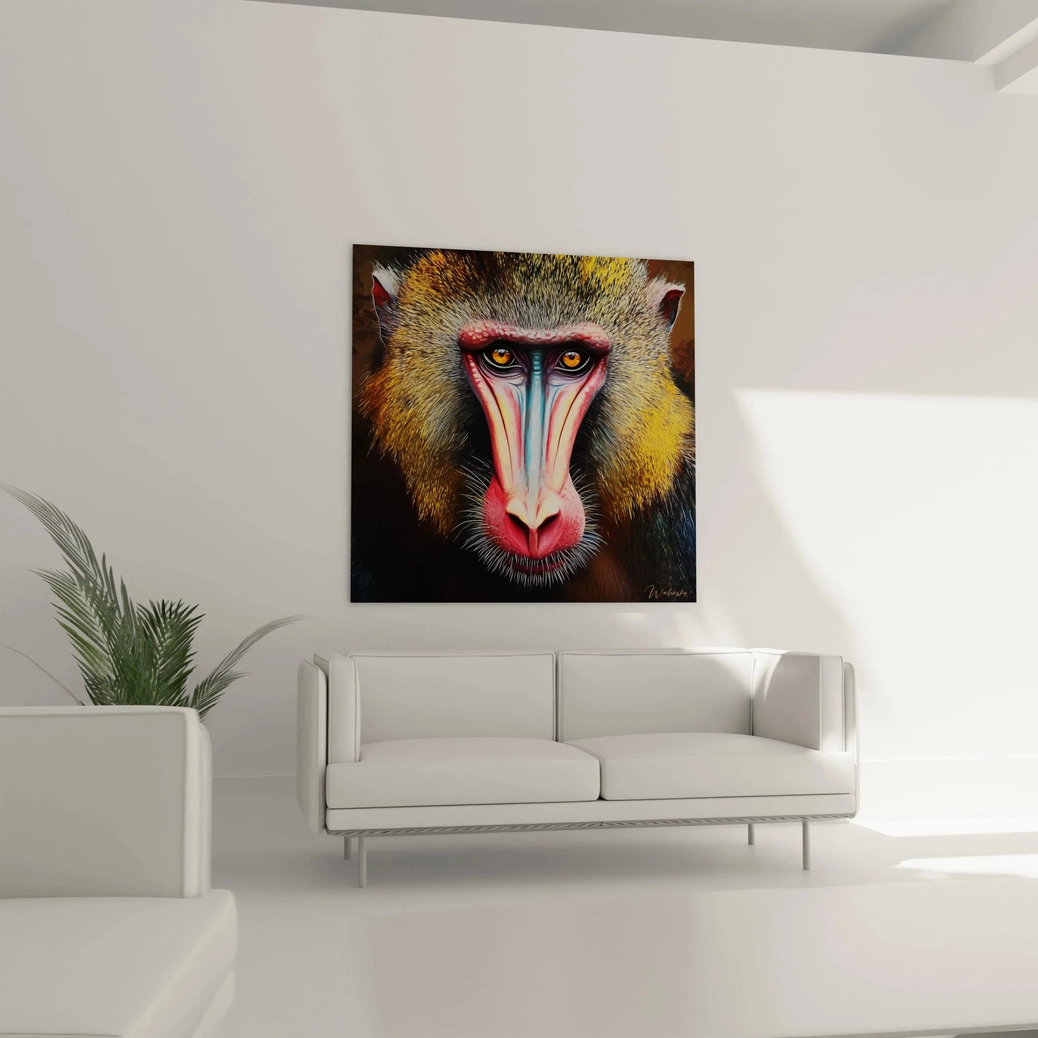 Detailaufnahme Mandrill Gesicht Wandbild mit charakteristischen roten und blauen Farbakzenten