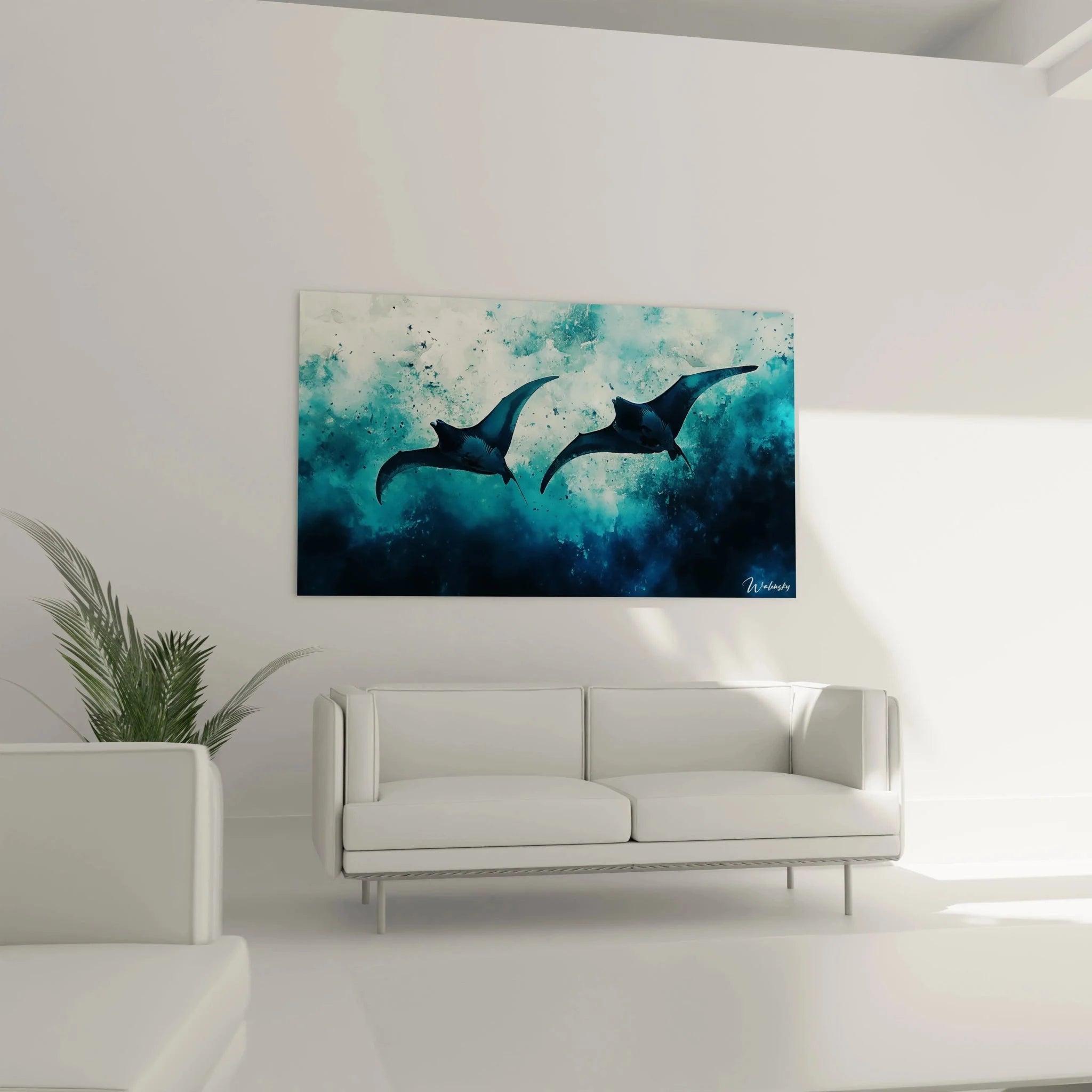 Detailansicht Mantarochen Wandbild mit Aquarell-Effekten und tiefblauen Farbnuancen