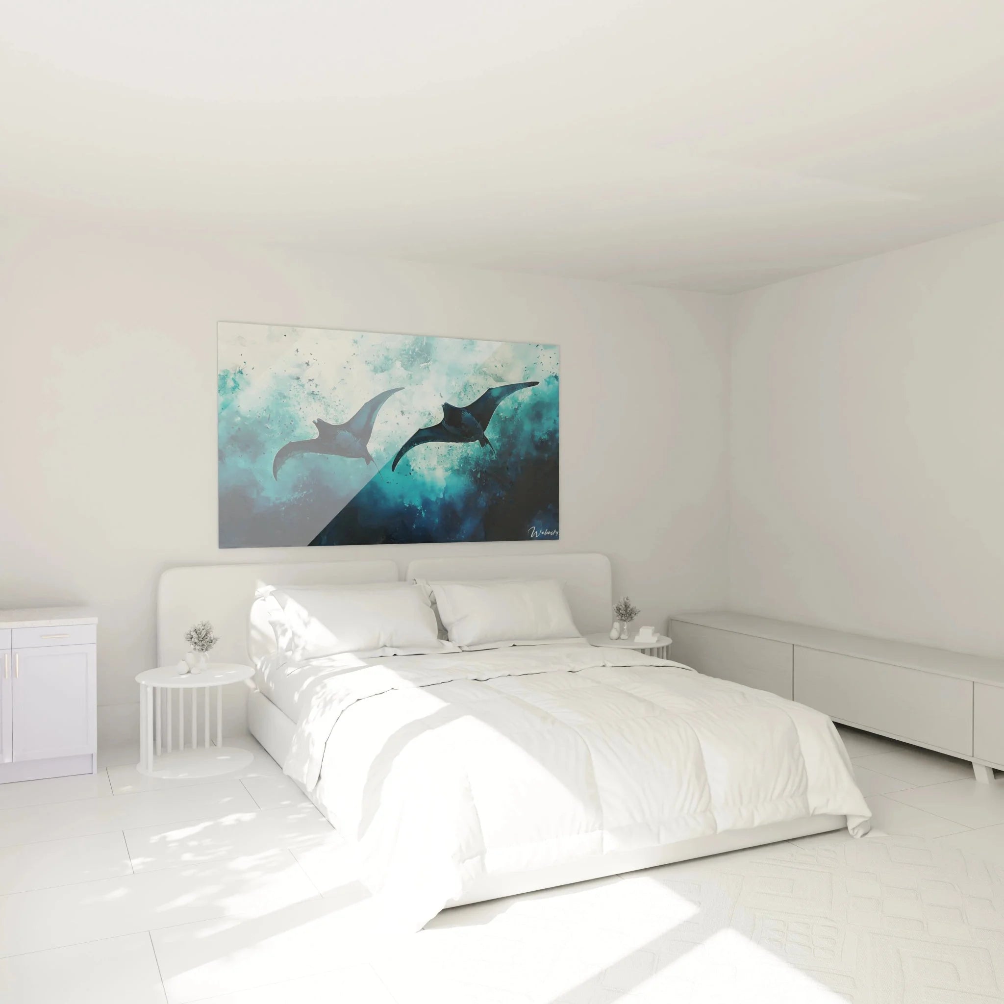 Mantarochen Wandbild in modernem Schlafzimmer, maritime Wanddekoration in Blautönen