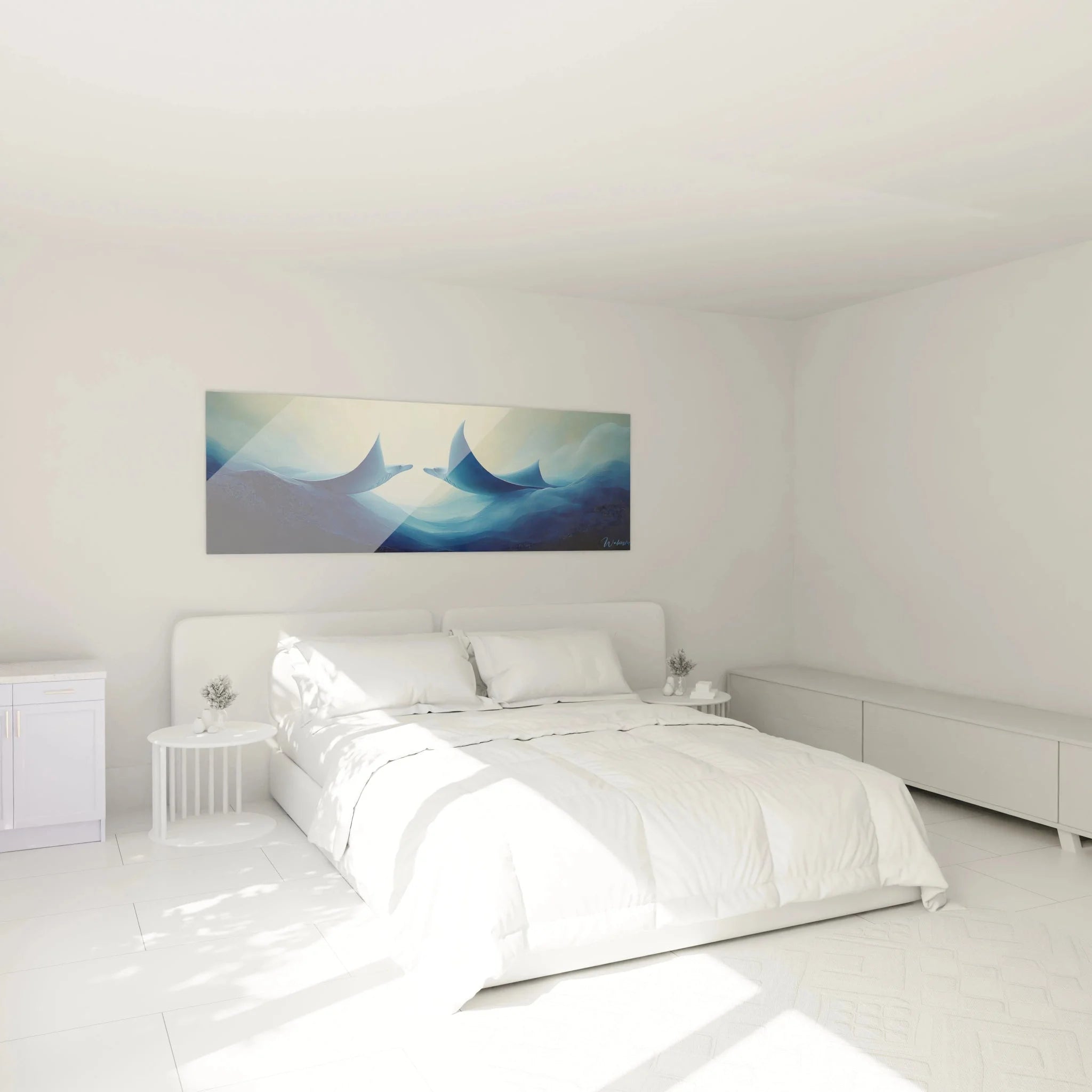 Mantarochen Wandbild XXL in modernem Schlafzimmer, blaue Meereskunst als Wanddekoration