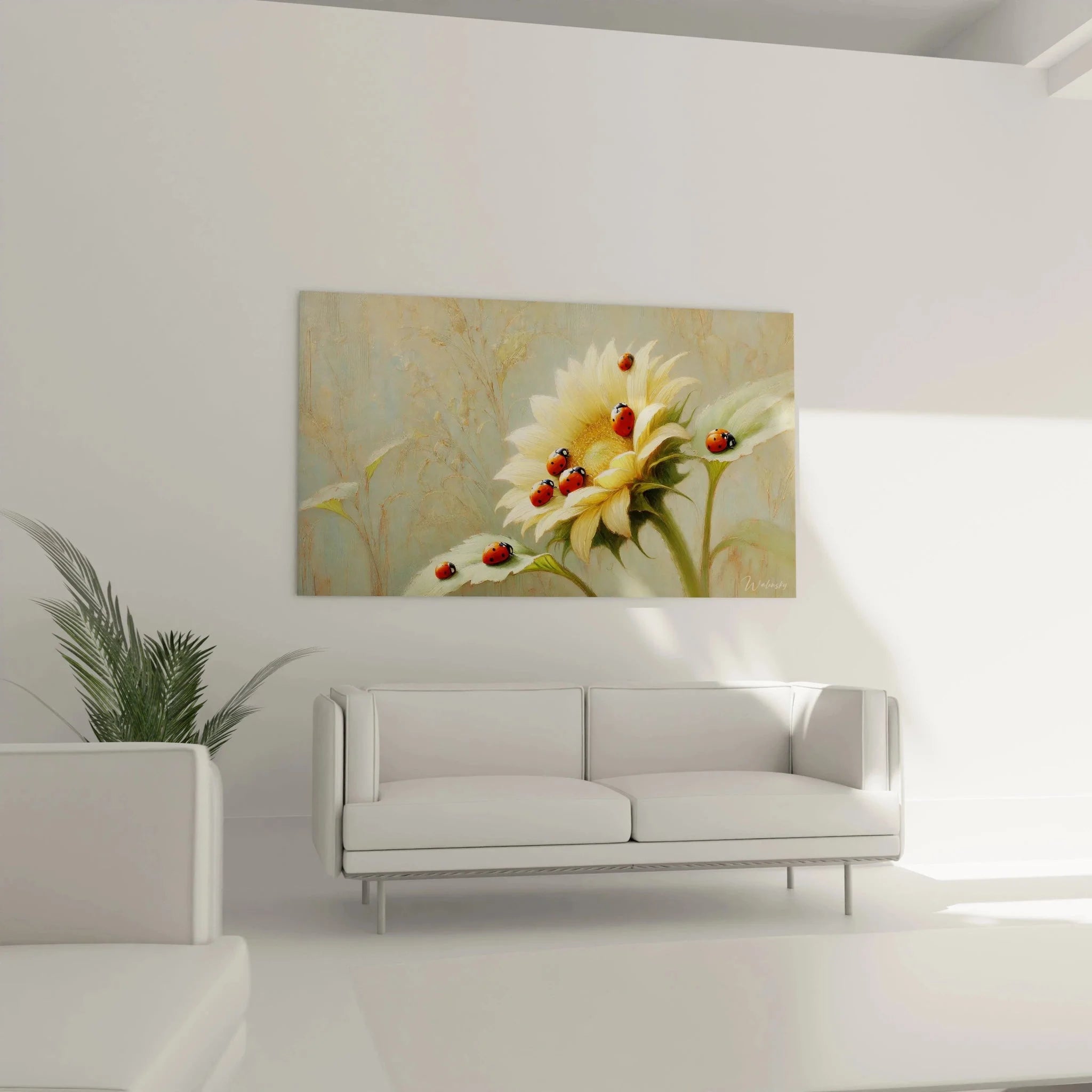 Detailansicht Wandbild Marienkäfer auf Sonnenblüte - Glückssymbole Kunstdruck Nahaufnahme Premium Qualität