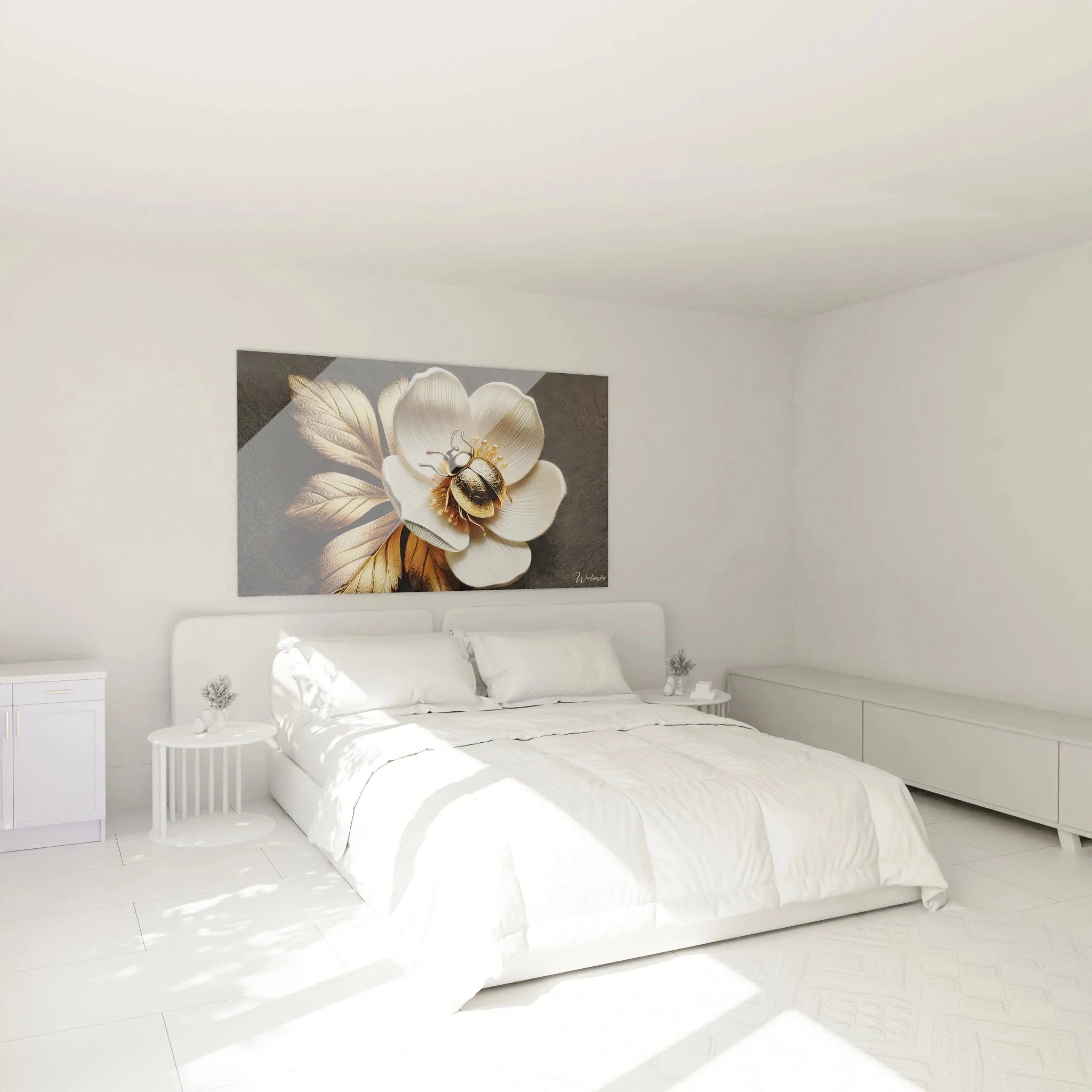 Marienkäfer Wandbild im Schlafzimmer - elegante Raumgestaltung mit goldenem Blütenmotiv und Käfer