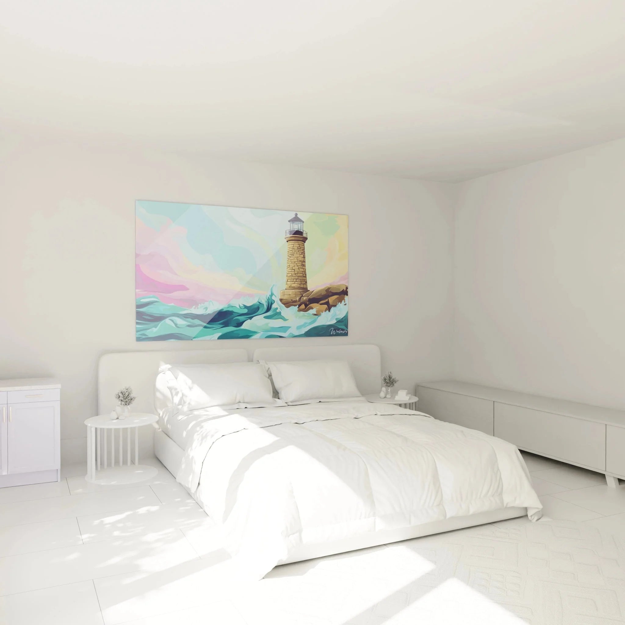 Maritime Wanddekoration Leuchtturm im Schlafzimmer mit pastellfarbener Sturm-Atmosphäre