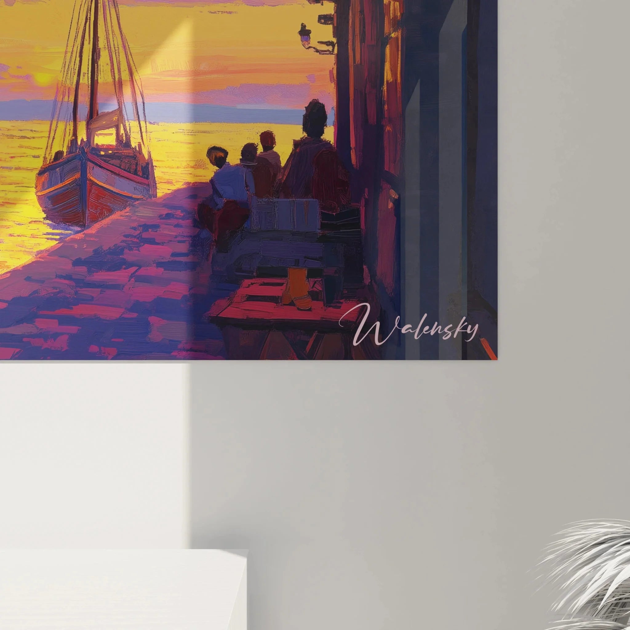 Gesamtansicht maritime Wandkunst Hafenszene mit Küstenarchitektur und romantischer Sonnenuntergang Atmosphäre