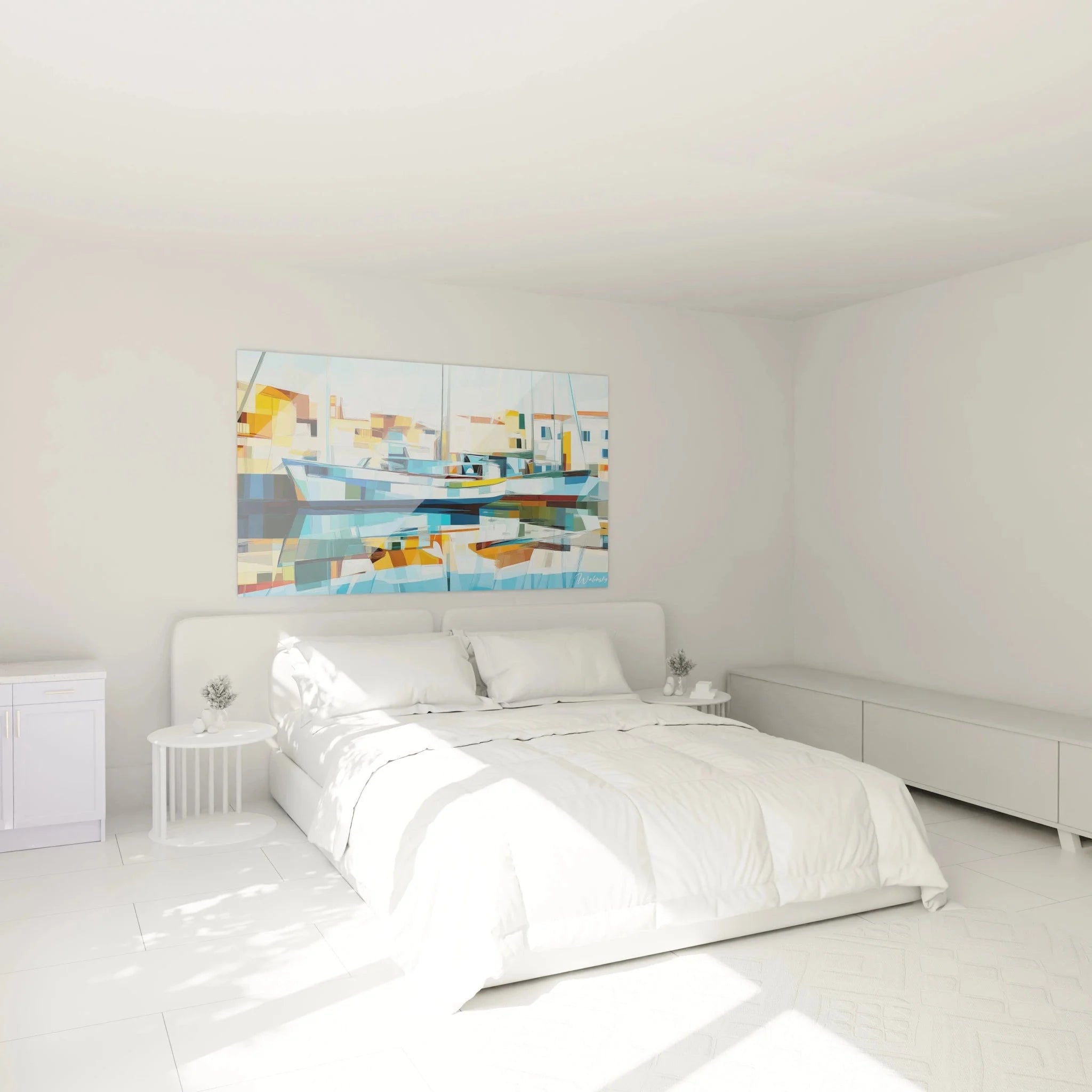 Maritimes Wandbild Hafen Boote in Schlafzimmer Ambiente - Moderne Wanddekoration