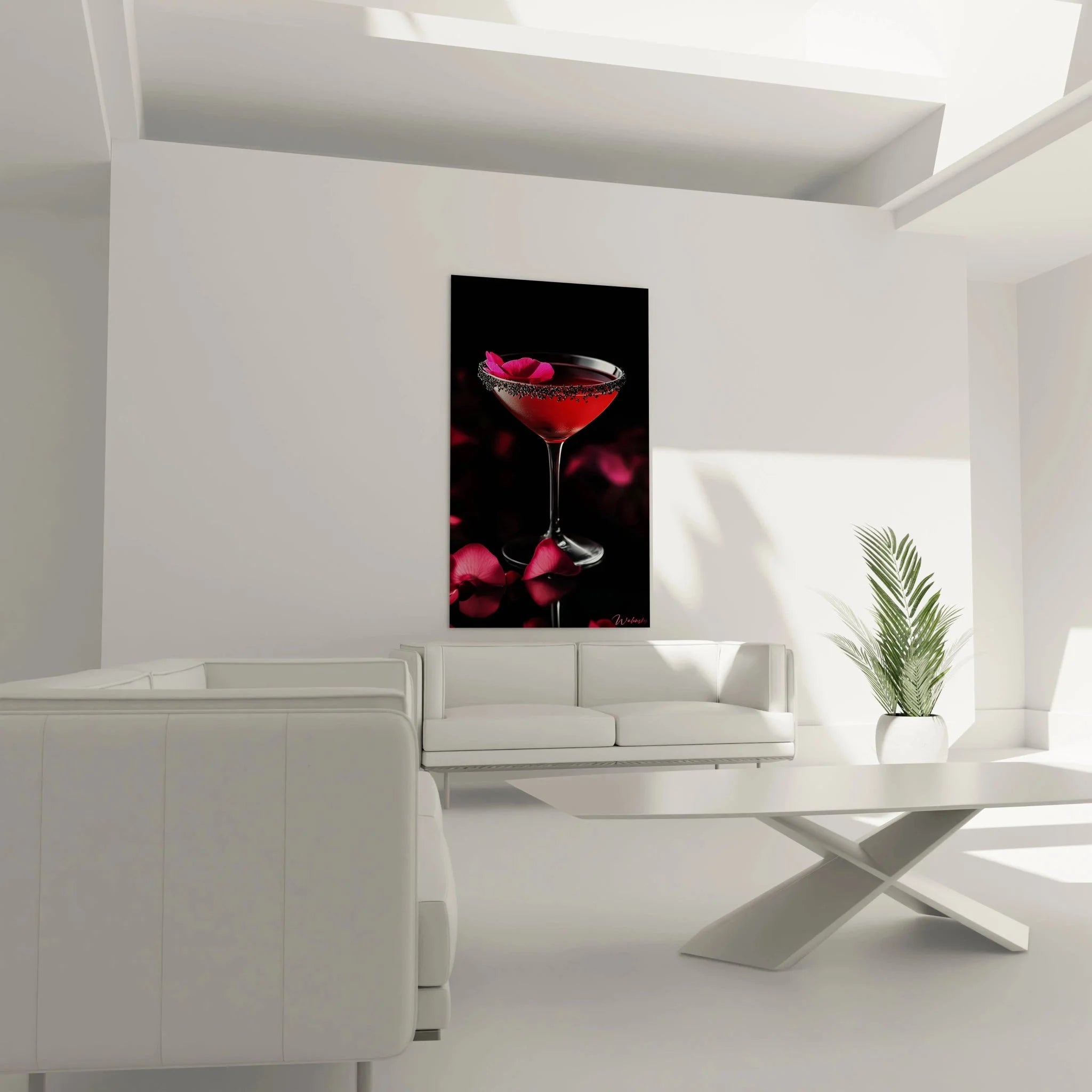 Detailansicht Cocktail Wandbild zeigt kristallverziertes Martini-Glas mit Rosenblüten
