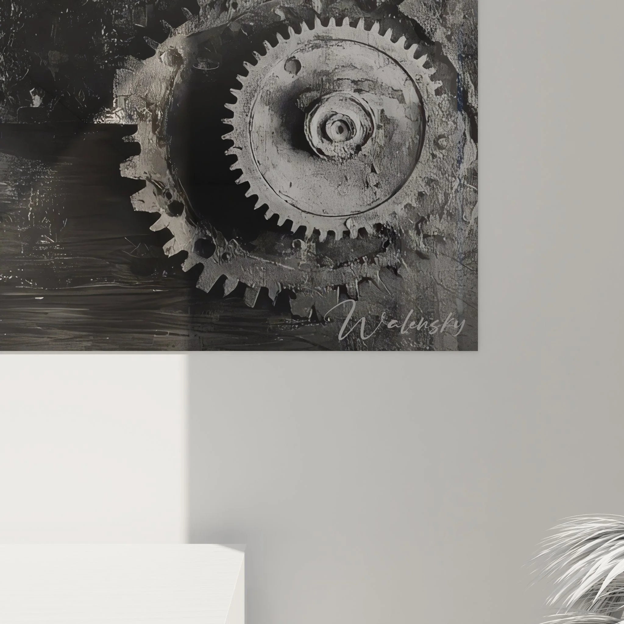 Gesamtansicht Maschinen Wandbild mit mehreren antiken Zahnrädern