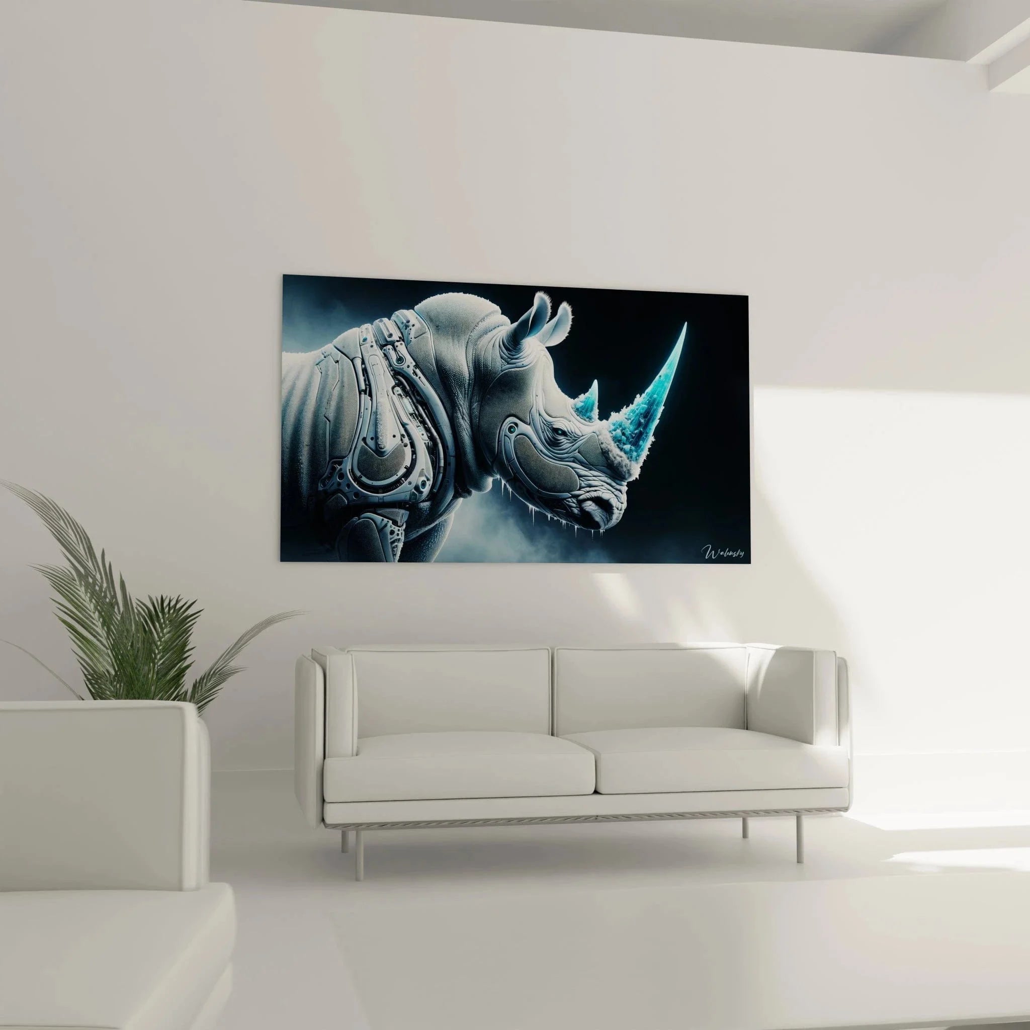 Detailaufnahme des mechanischen Nashorn Wandbildes mit technischen Komponenten