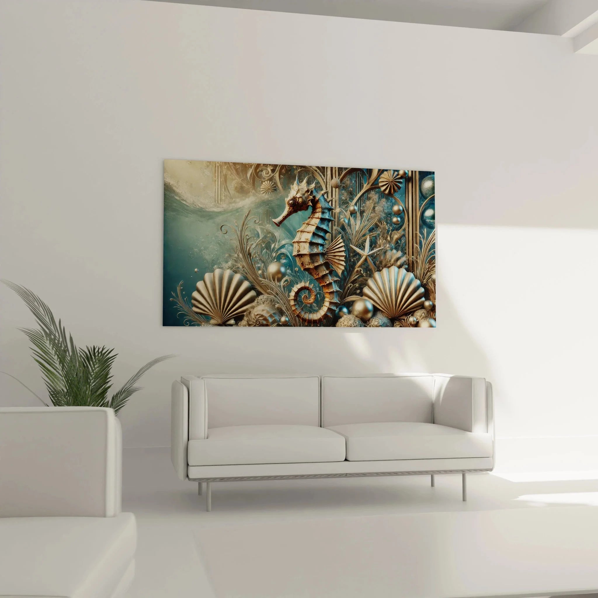 Detailansicht mechanisches Seepferdchen mit bronzefarbenen Segmenten und ornamentalen Verzierungen