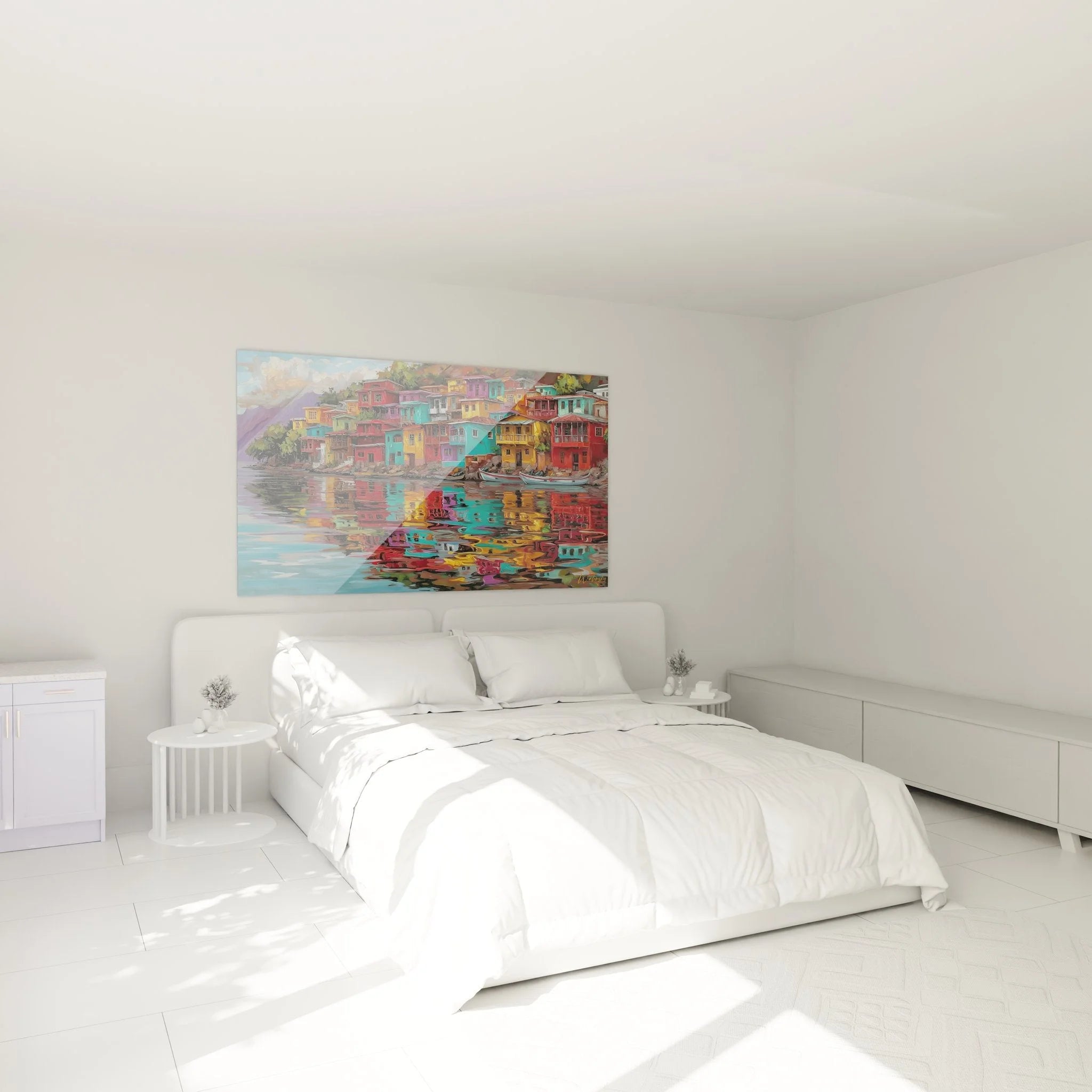 Mediterrane Küstenlandschaft Wandbild mit bunten Häusern in modernem Schlafzimmer Ambiente