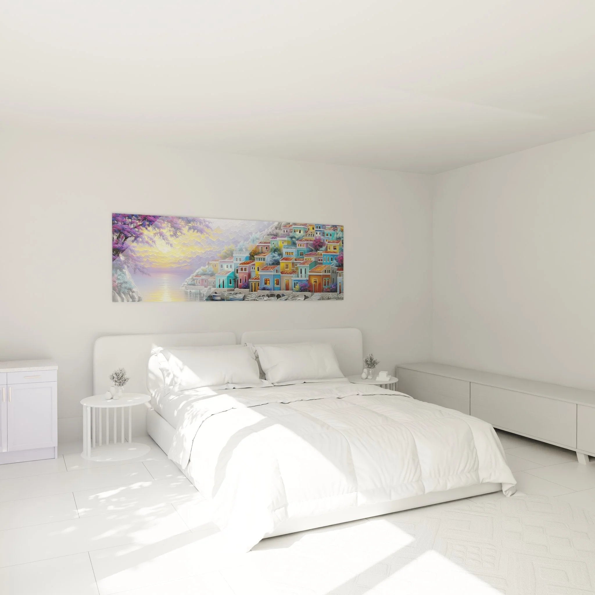 Mediterrane Wanddekoration Küstendorf im Schlafzimmer - bunte Häuser am See Leinwandbild