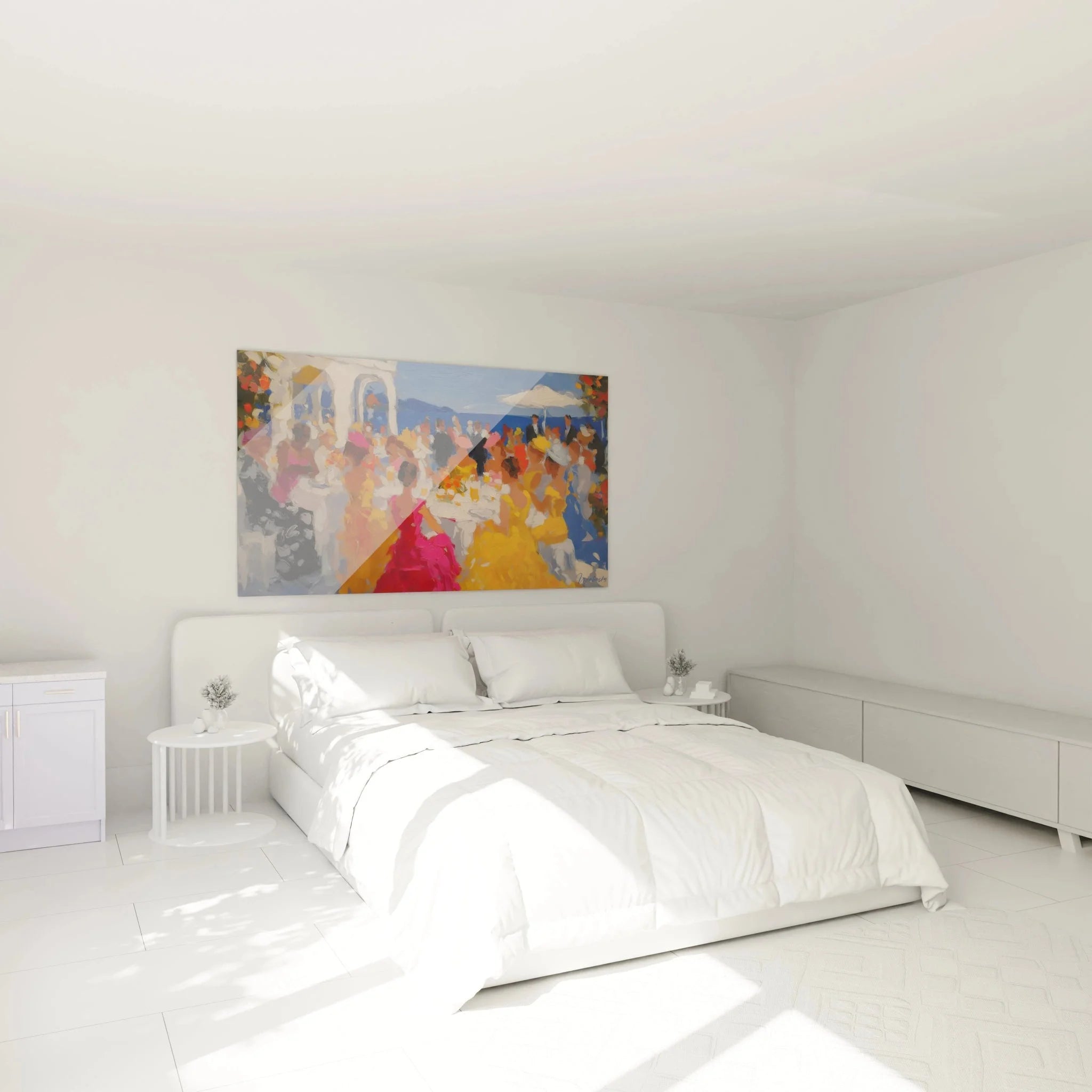 Mediterrane Wanddekoration im Schlafzimmer, impressionistisches Wandbild mit Terrassenszene und Meerblick