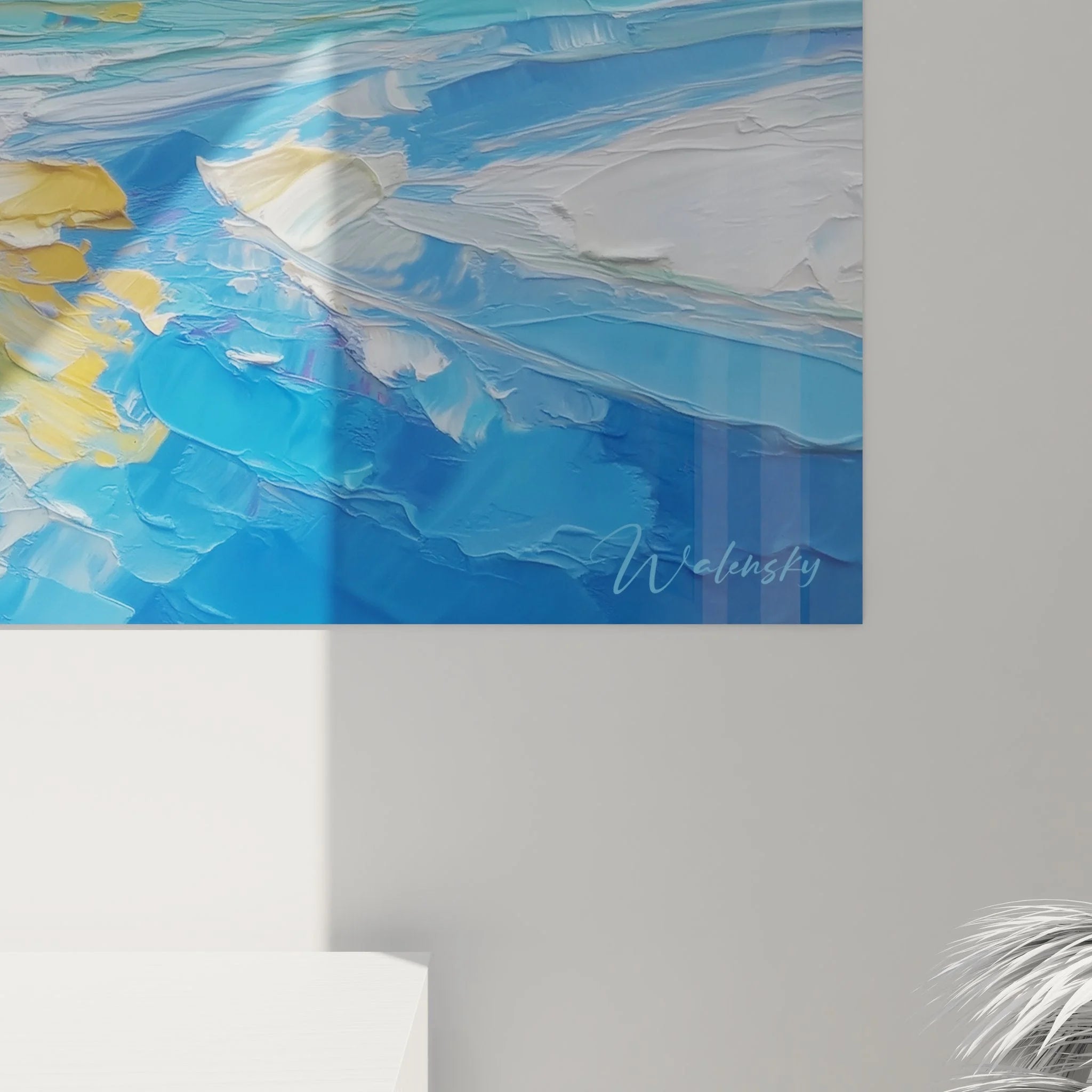 Gesamtansicht Wandbild Meereslandschaft abstrakt - blaue Strandwellen mit gelben Reflexionen