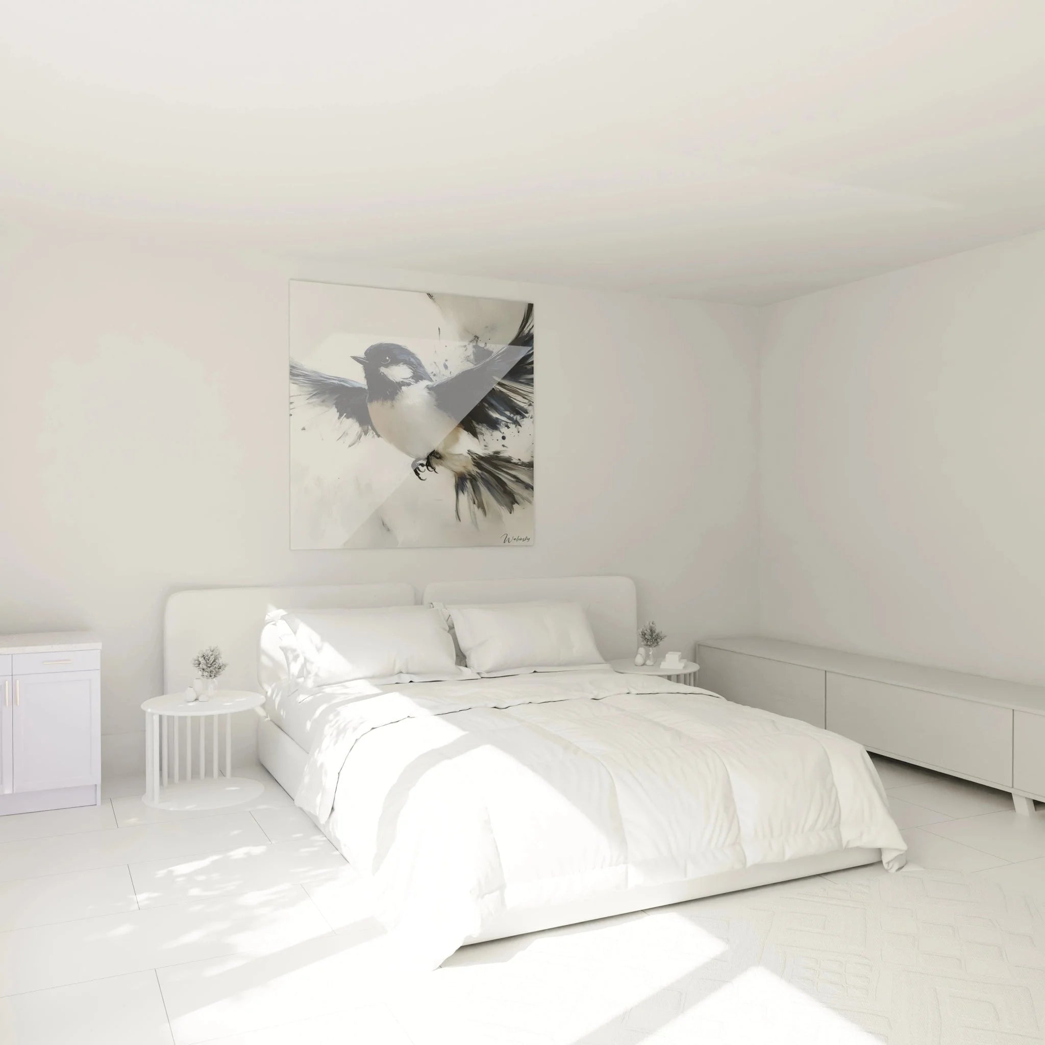 Meisen Wandbild in modernem Schlafzimmer, blaue Vogelkunst als Wanddekoration über dem Bett