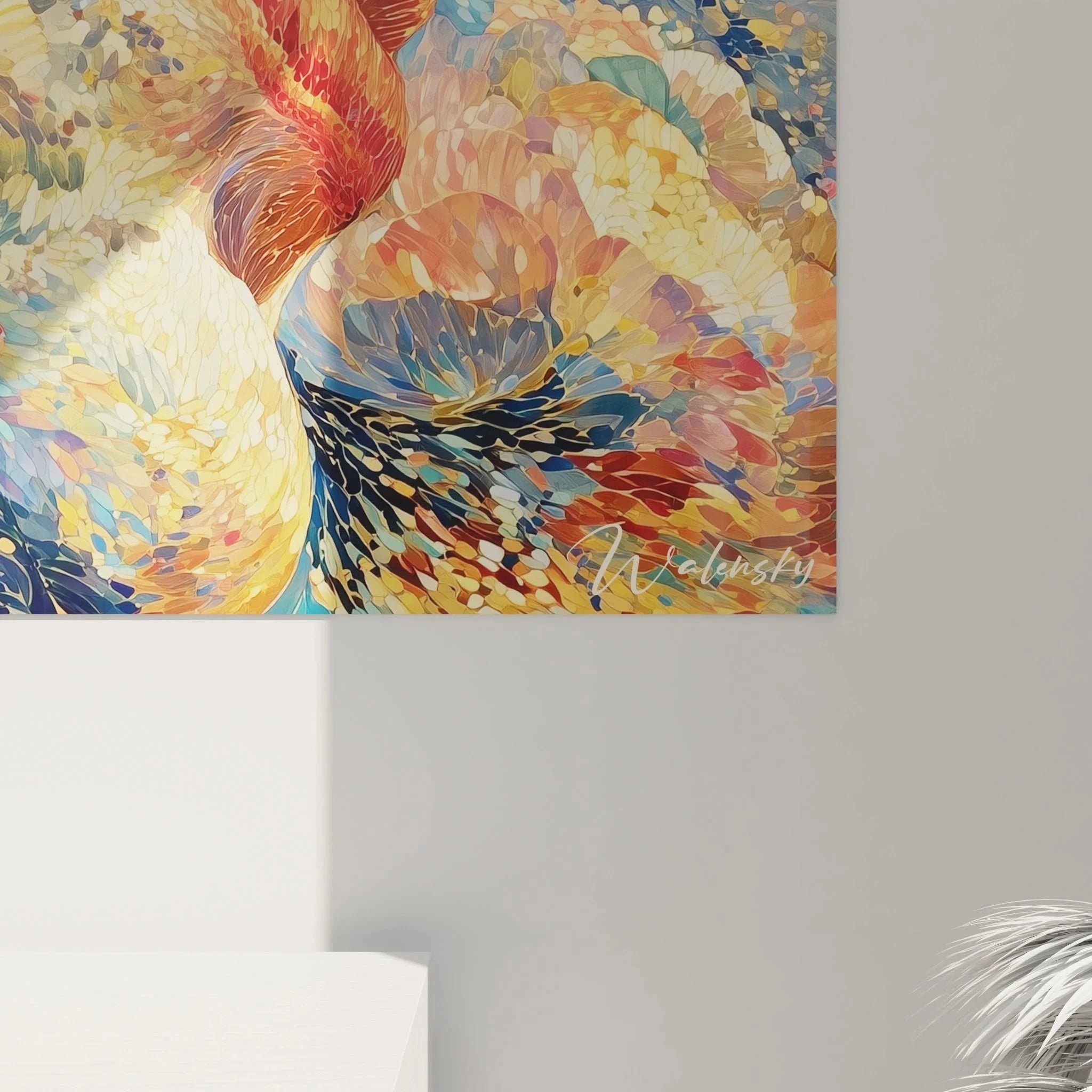 Gesamtansicht moderne Wandkunst Frauenporträt im Pointillismus Stil mit Blütenzauber für Wohnraumgestaltung