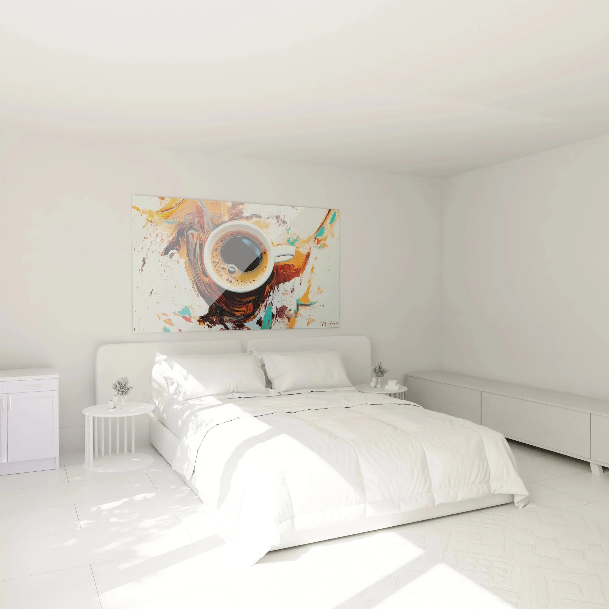 Modernes Kaffee Wandbild im Schlafzimmer - Abstrakte Kaffeetasse Kunst als stilvolle Raumdekoration