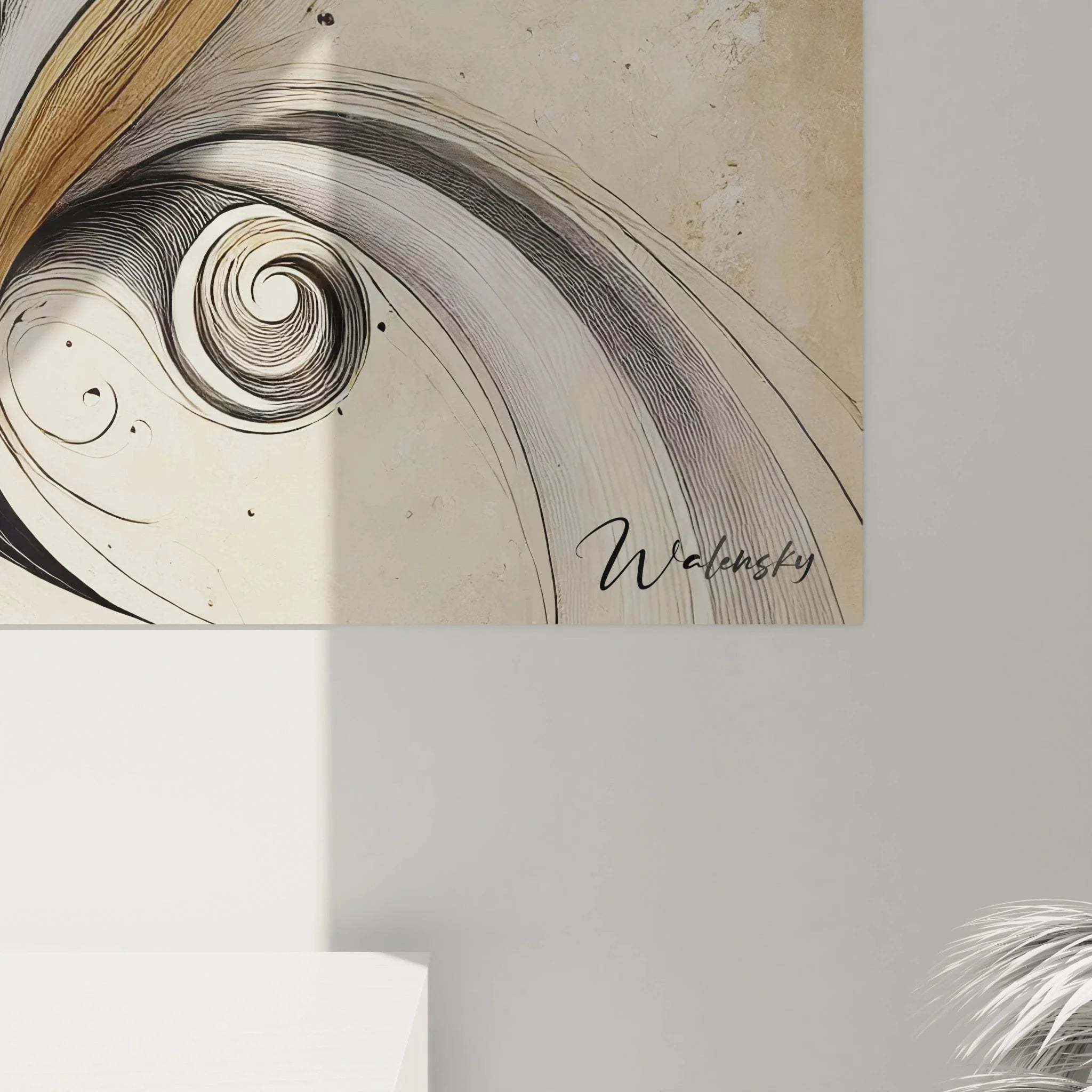 Gesamtansicht des modernen Pinguin Wandbildes mit Spiralen - zeitgenössische Tierkunst für Wohnräume