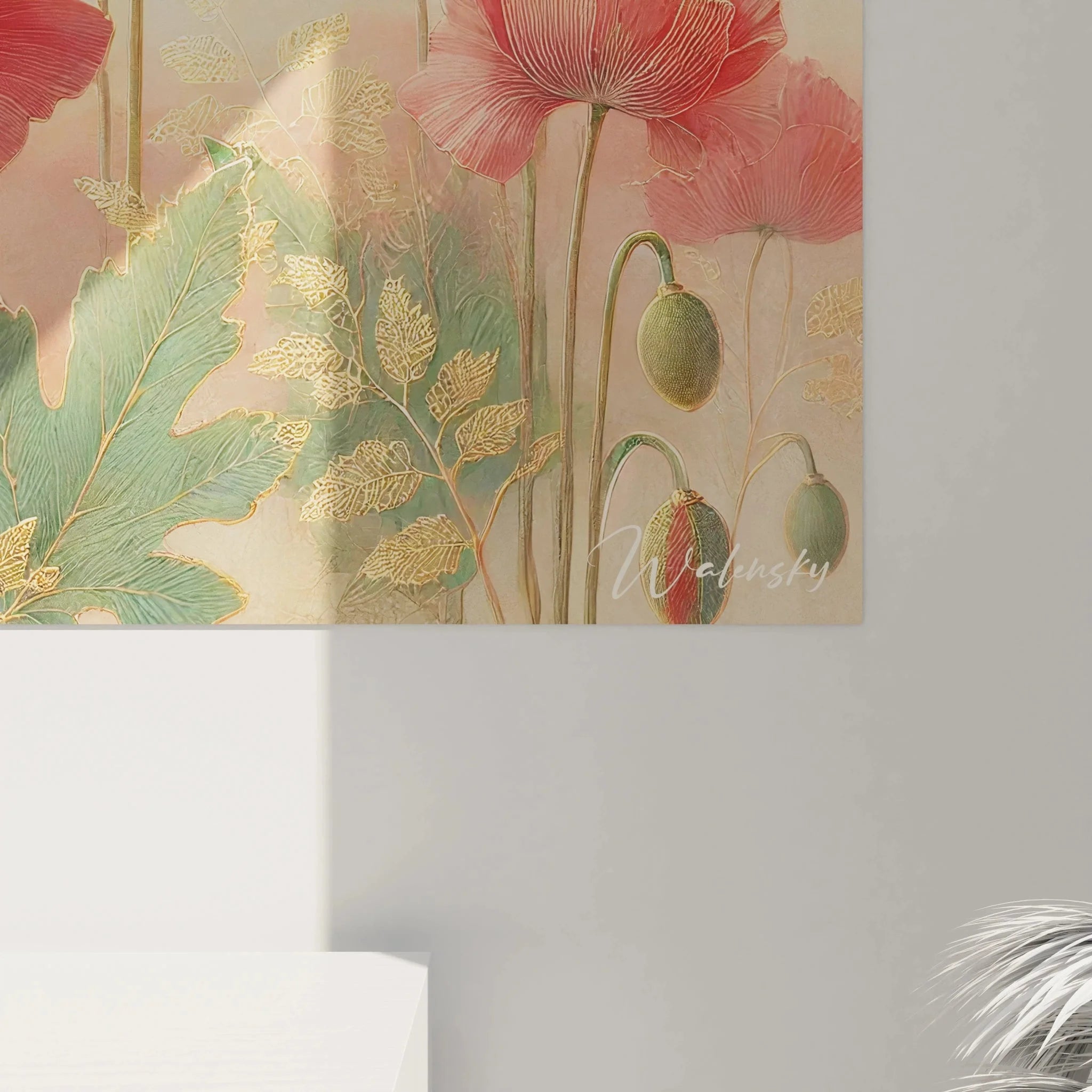 Gesamtansicht Wandbild Mohnfeld im Sonnenuntergang - komplette Wildblumen Komposition