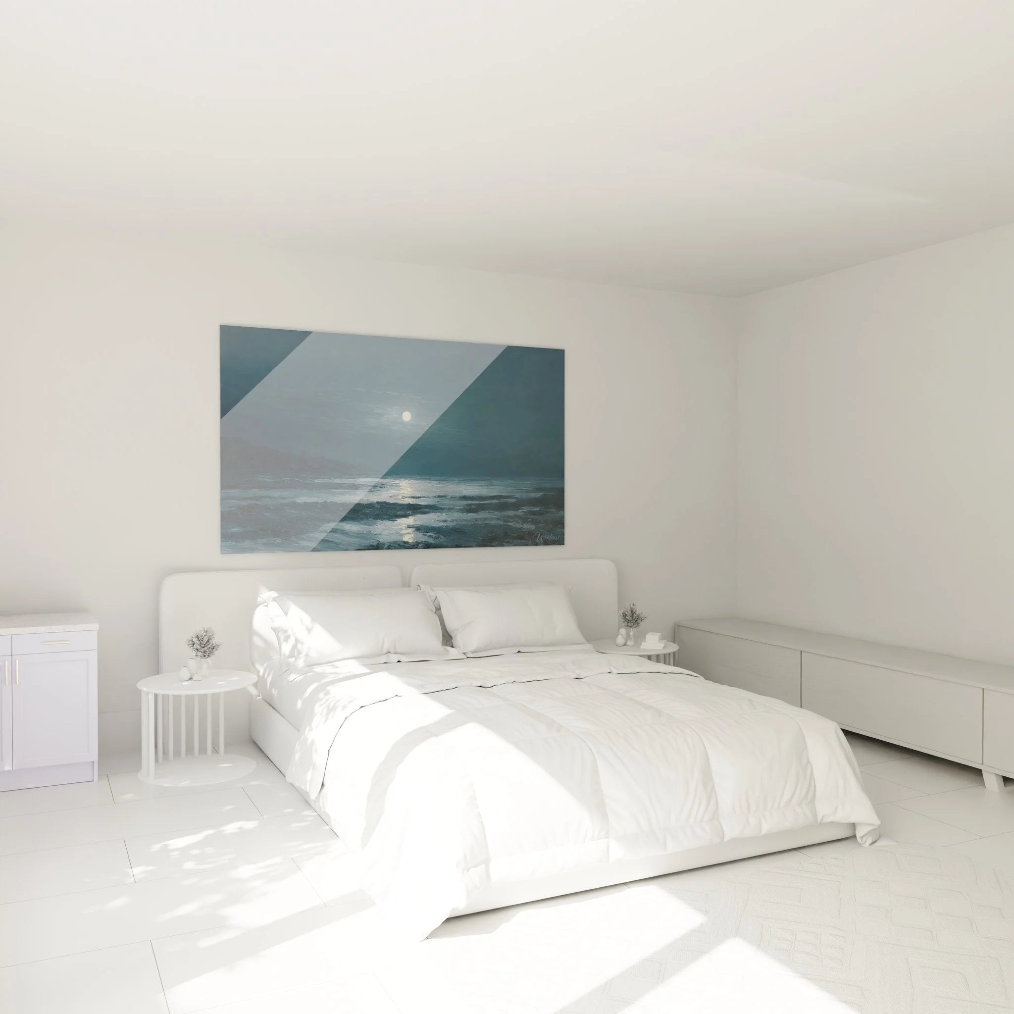 Romantisches Mondschein Wandbild im Schlafzimmer mit nächtlicher Meeresansicht und blauer Farbgebung