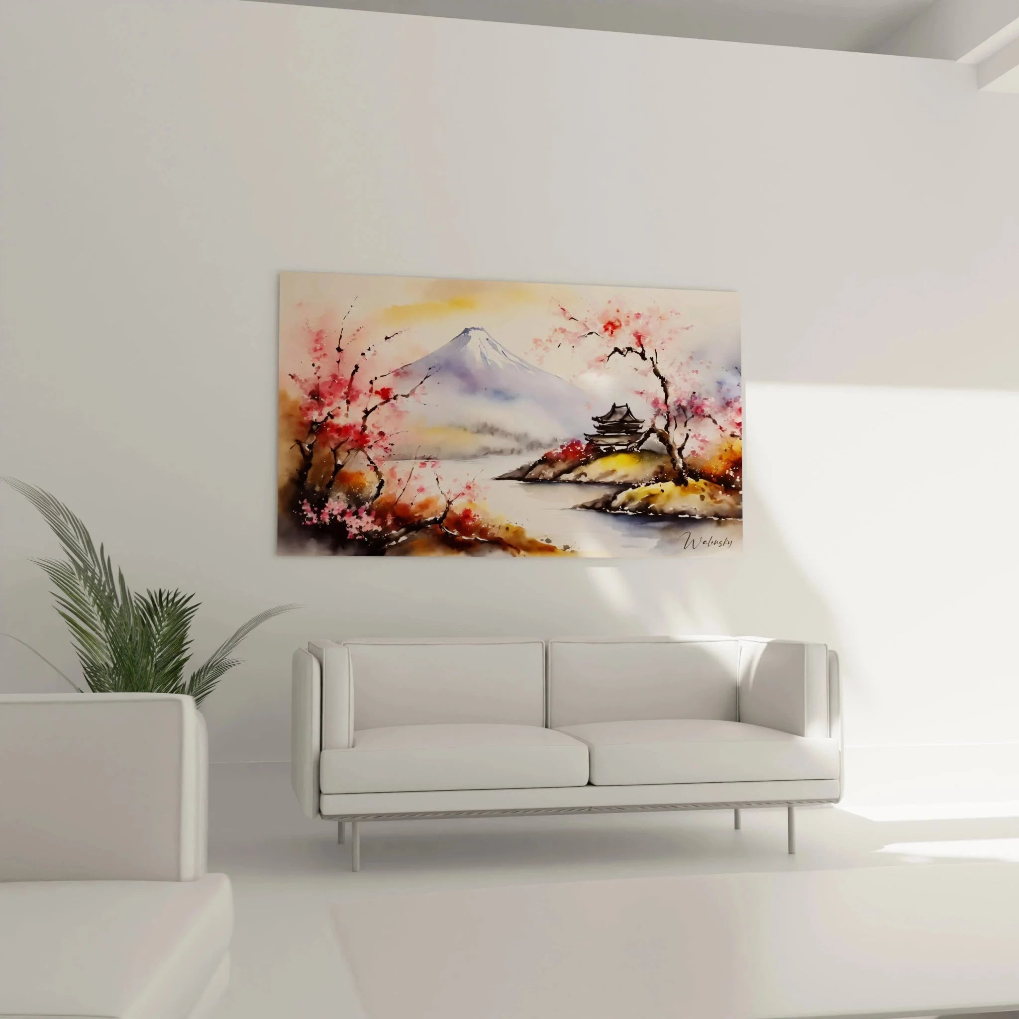 Detailansicht Mount Fuji Wandbild, rosa Sakura Blüten und traditionelle Pagode in Aquarelltechnik