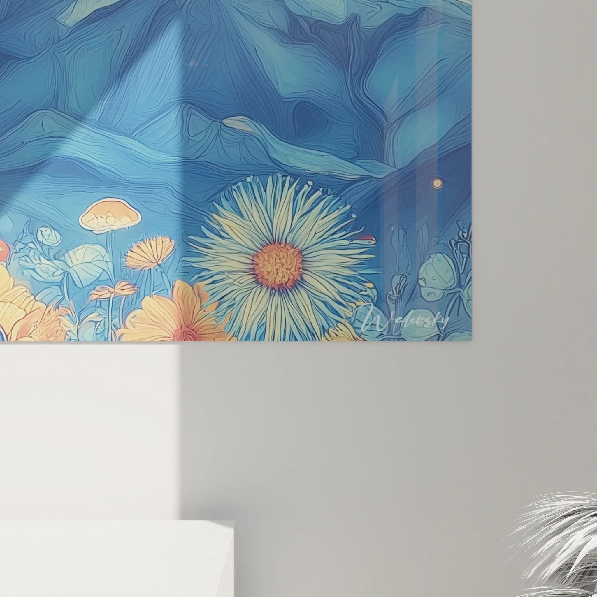 Gesamtansicht mystisches Berg Wandbild - Komplette Regenbogen Wüstenlandschaft mit Sternen und Blumen