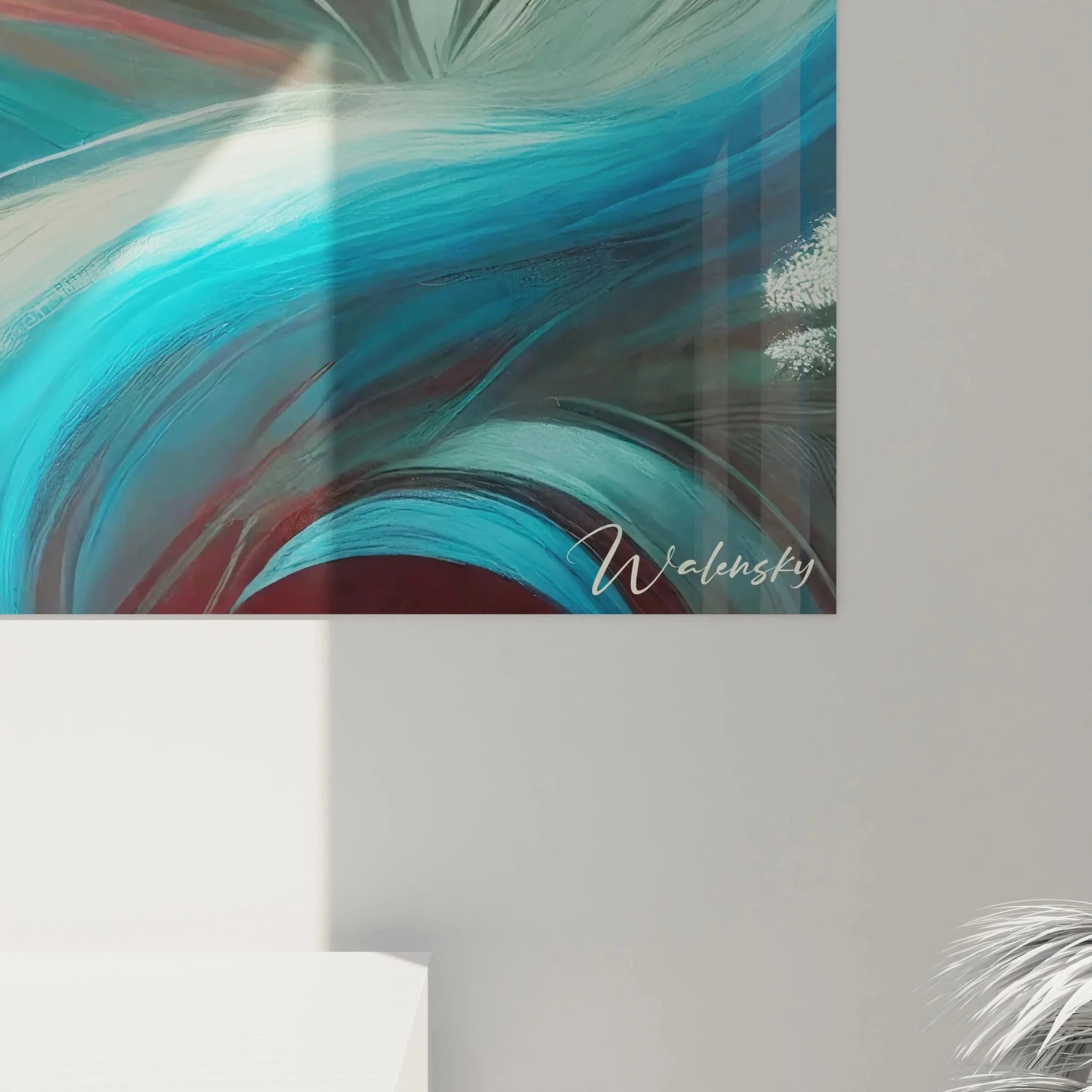 Gesamtansicht mystisches Fuchs Wandbild - türkise Waldatmosphäre mit wirbelnden Bewegungen