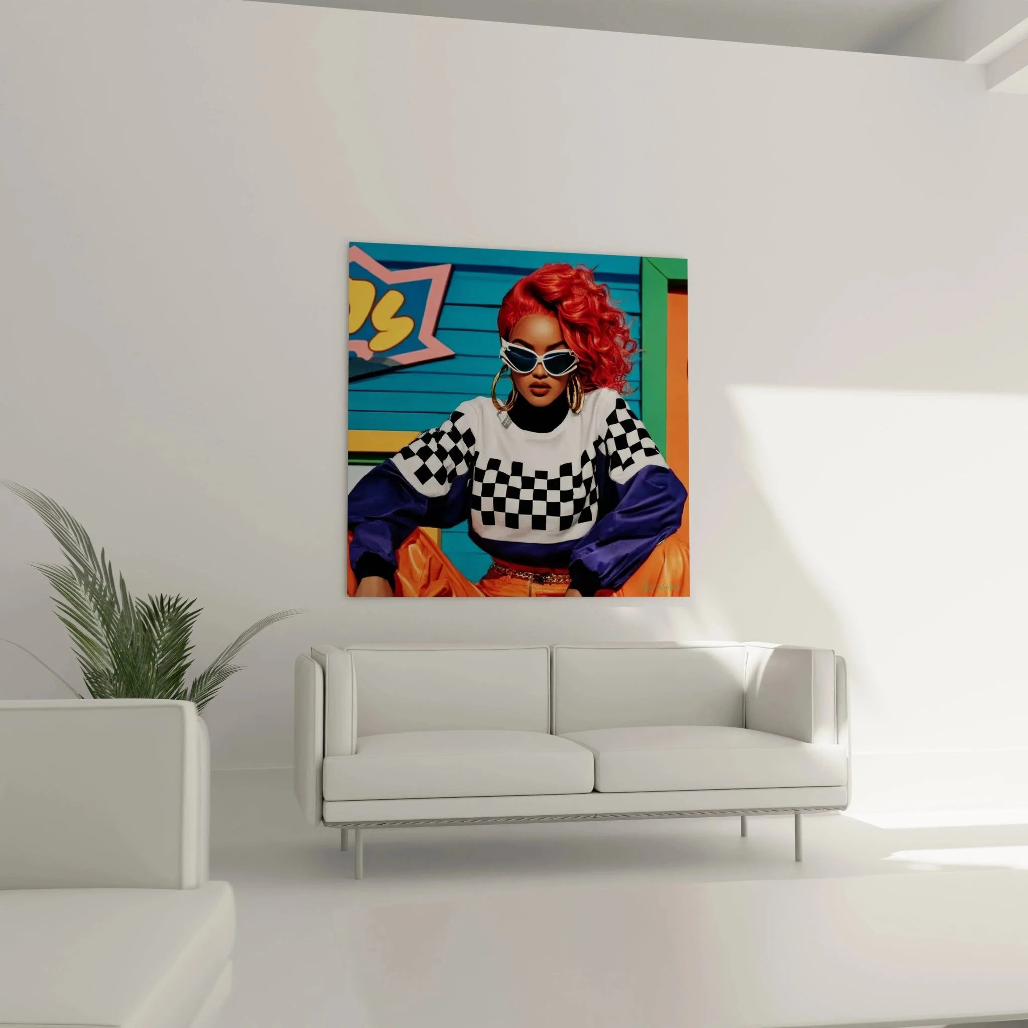 Nahaufnahme 90er Jahre Wandbild Streetwear mit Cat-Eye Brille und karierten Mustern Detail