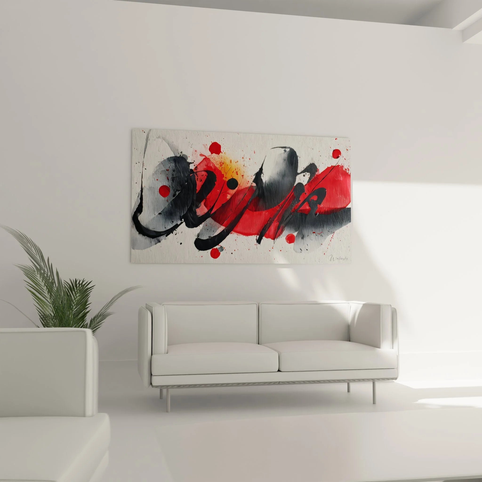 Nahaufnahme der abstrakten Kalligrafie mit roten Farbspritzern und schwarzen Pinselstrichen