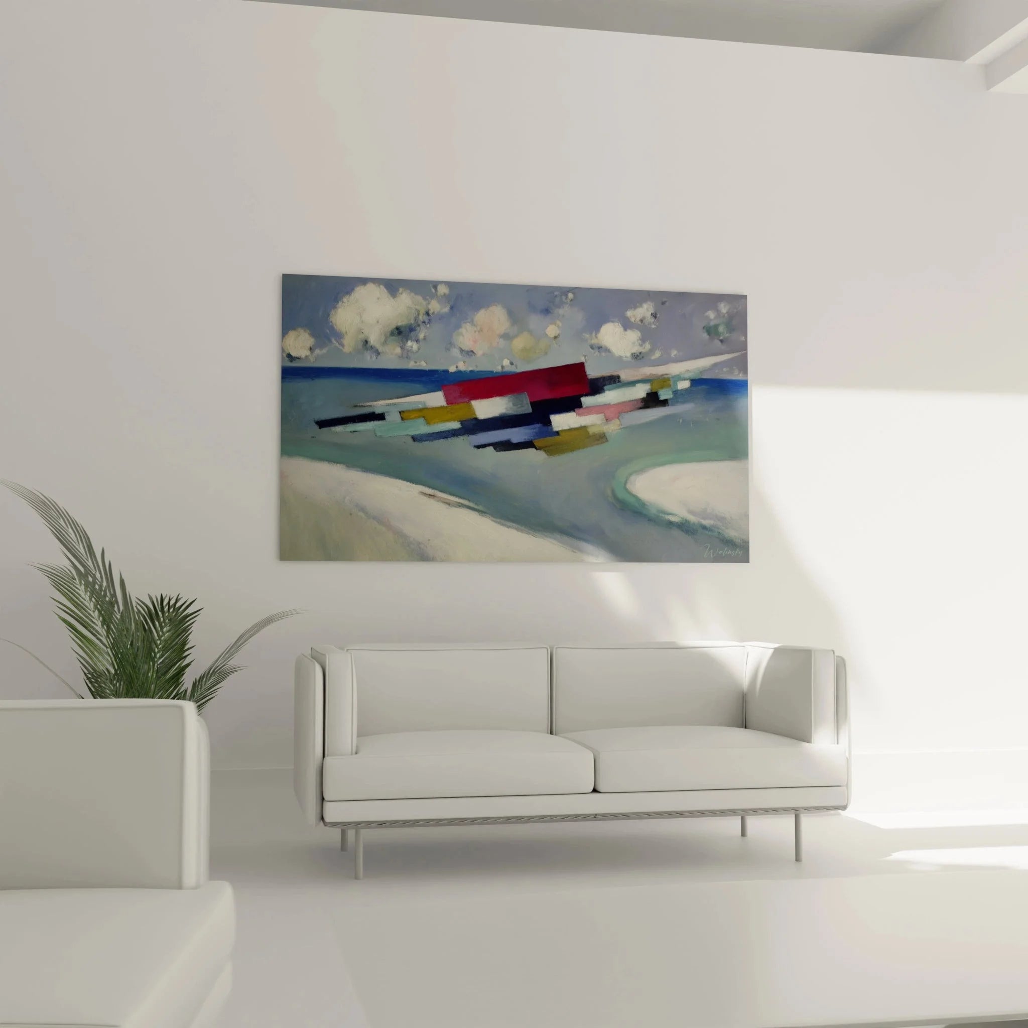 Nahaufnahme Details abstrakte Landschaft Wandbild mit roten und blauen Farbelementen