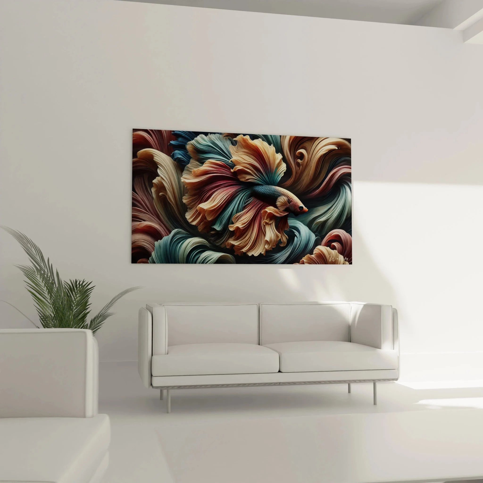 Nahaufnahme Details Kampffisch Wandbild zeigt feine Flossenstrukturen in Aquarell-Stil