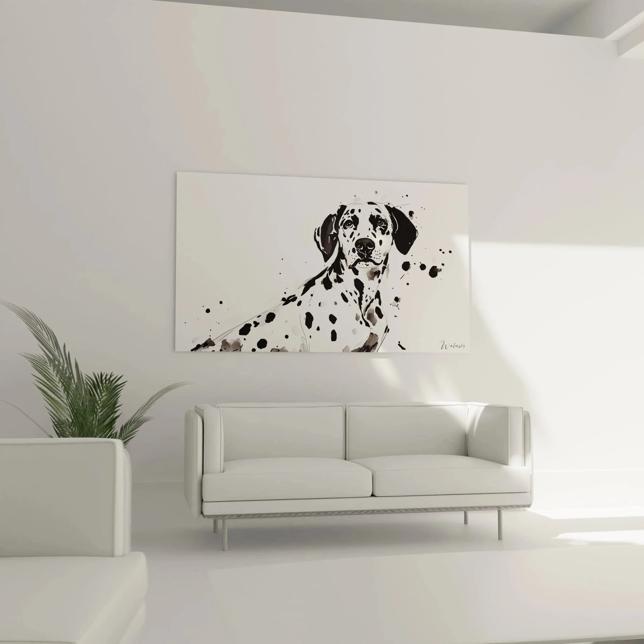 Nahaufnahme Dalmatiner Aquarell Portrait - detaillierte schwarz-weiß Hundekunst mit Farbspritzern