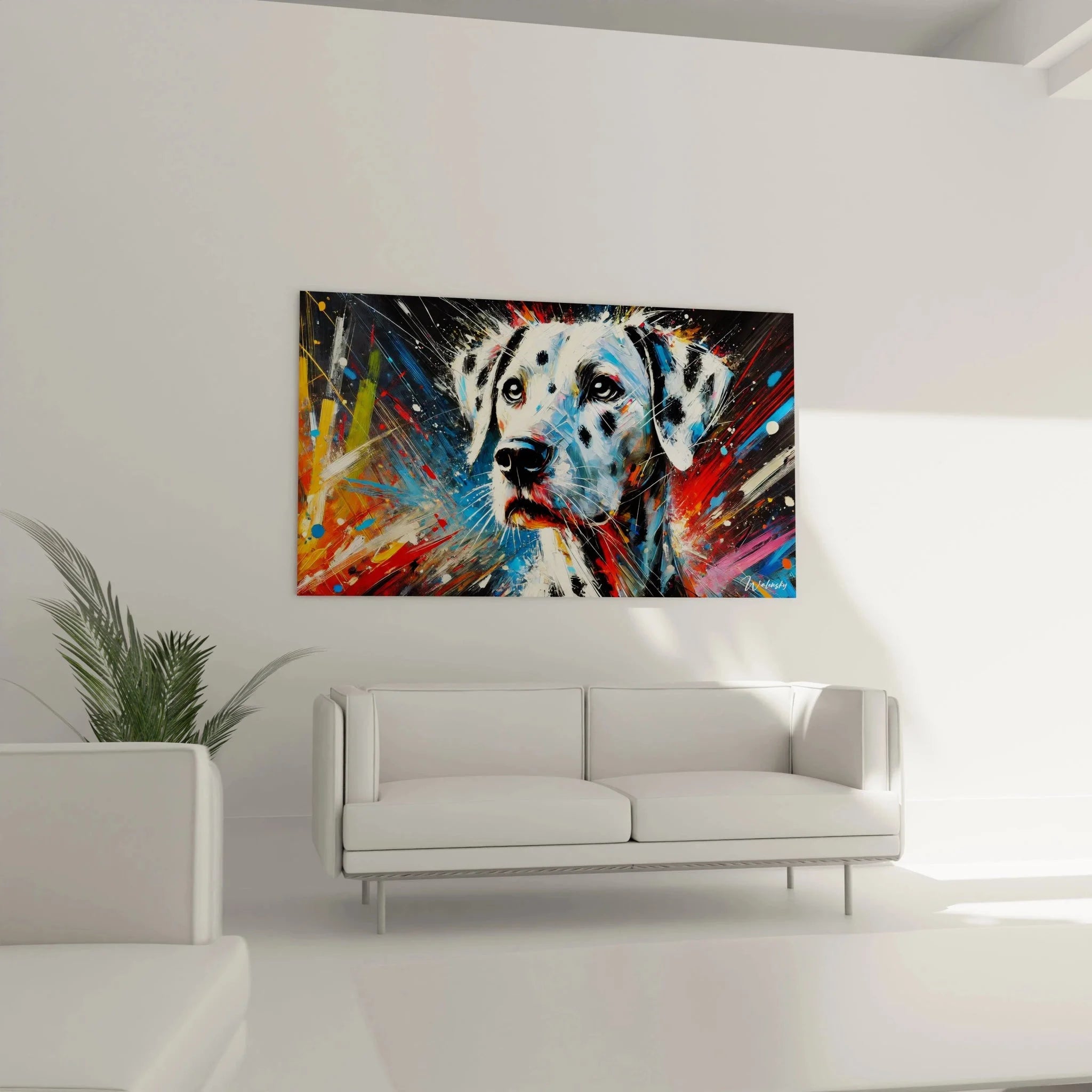 Nahaufnahme Dalmatiner Leinwandbild, detaillierte abstrakte Maltechnik mit leuchtenden Farben