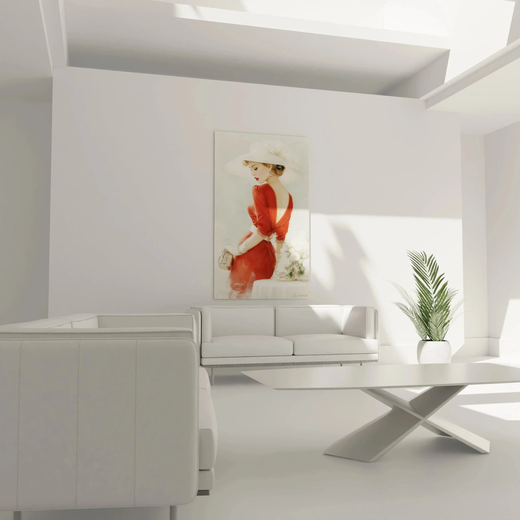 Nahaufnahme Wandbild Dame mit weißem Hut - Details der Vintage Mode Illustration in Rot und Weiß