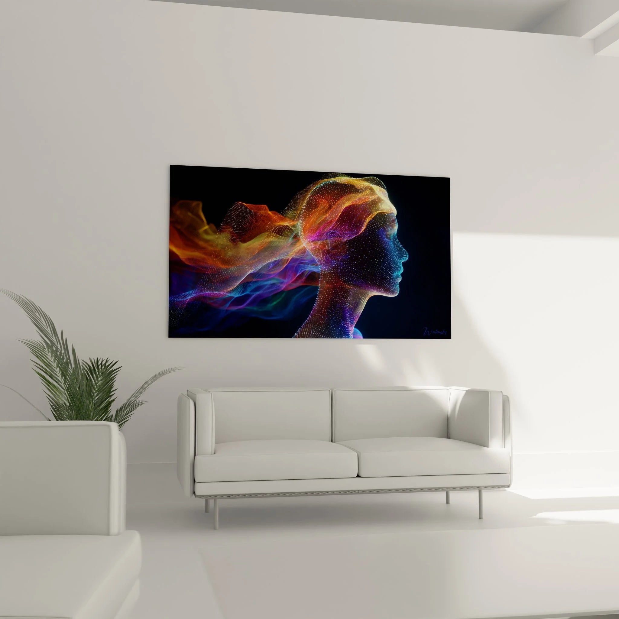 Nahaufnahme digitale Frau Wandbild, detaillierte Partikelströme in Gold und Violett