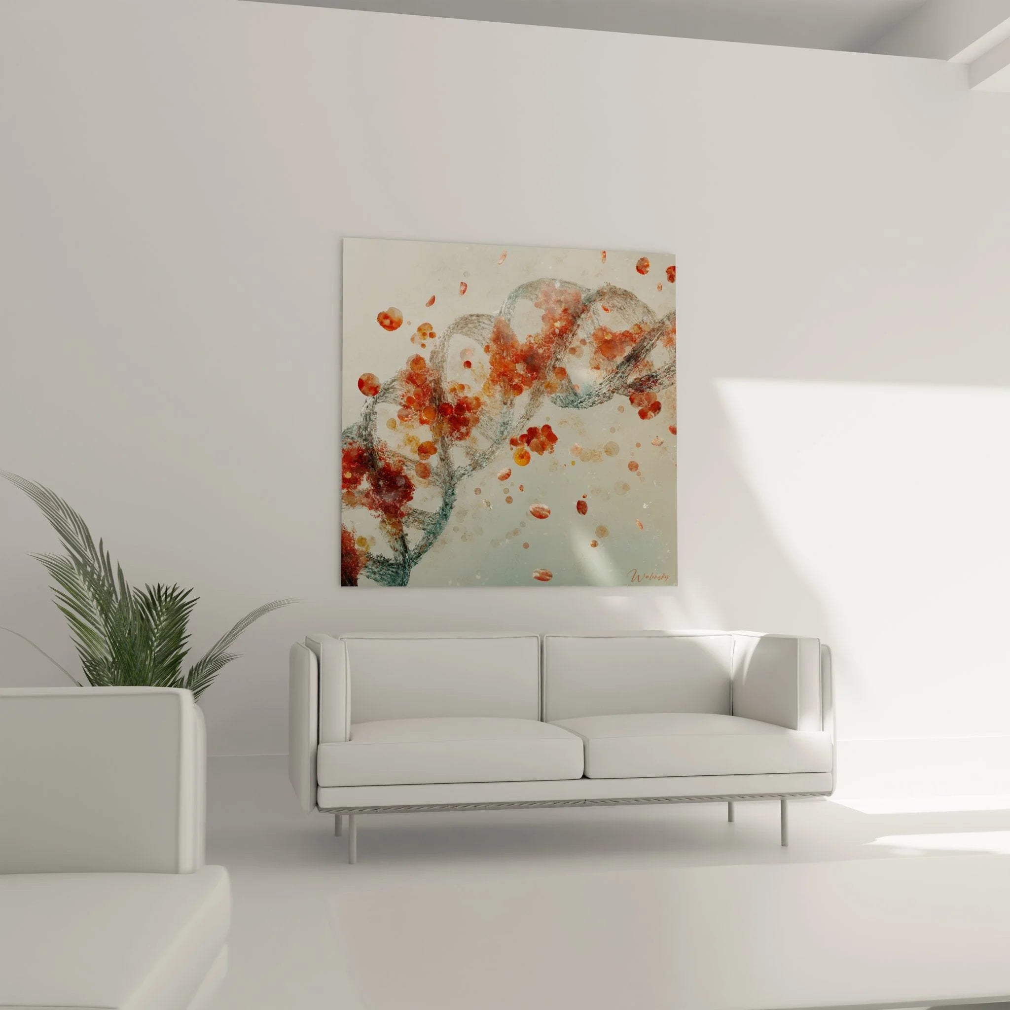 Nahaufnahme DNA Wandbild mit leuchtenden Nukleotiden und molekularer Struktur