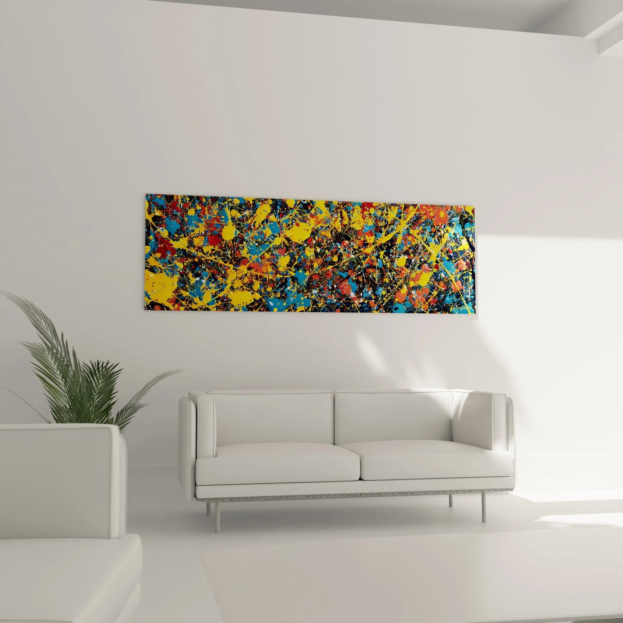 Nahaufnahme der Farbspritzer und Linienführung des abstrakten Wandbildes Malerei-Optik