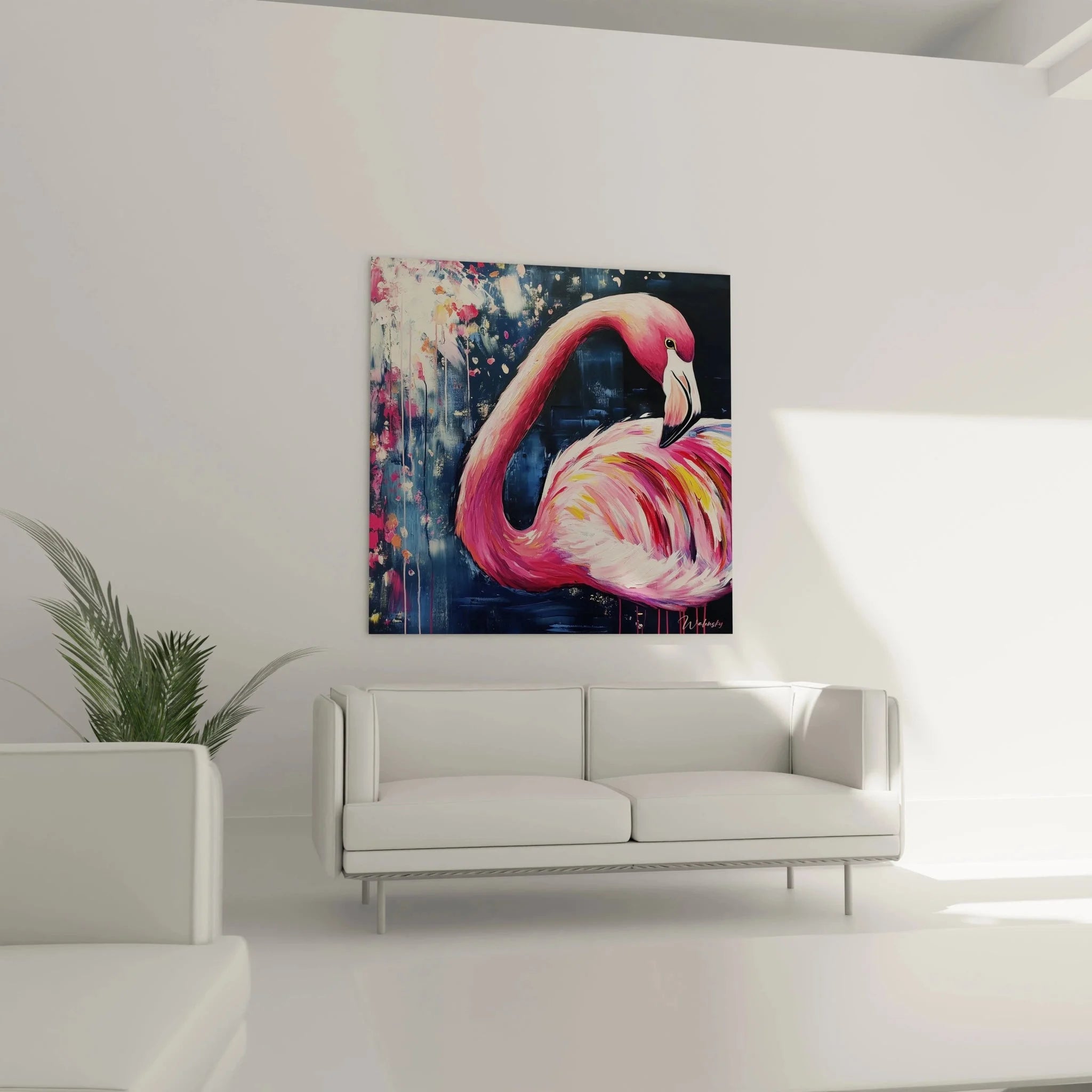 Nahaufnahme Wandbild Flamingo zeigt Details der rosa Federstruktur und Maltechnik