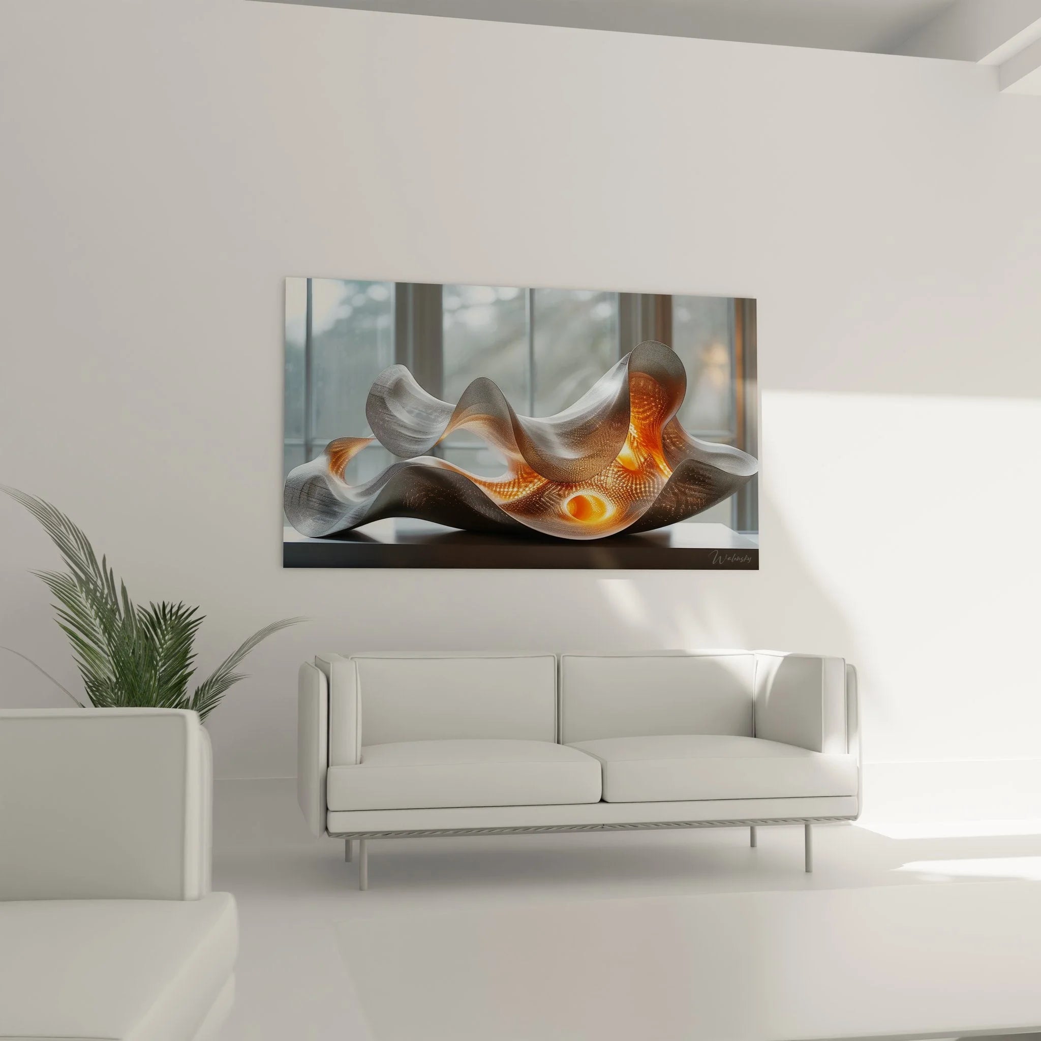 Nahaufnahme futuristische Wandskulptur - metallische Oberfläche mit warmem orangem Licht Detail