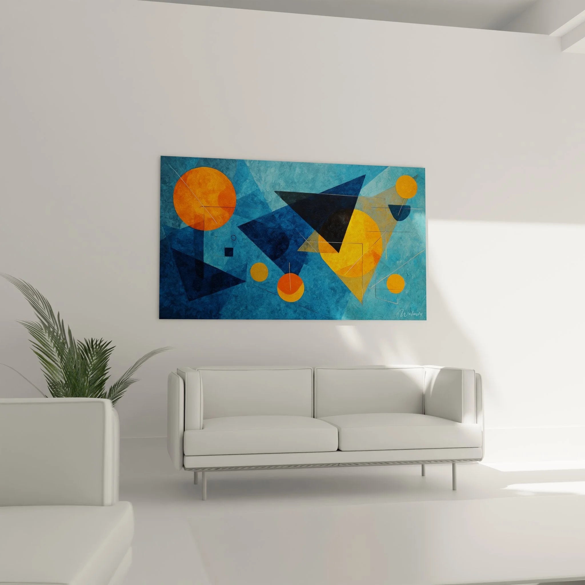 Nahaufnahme geometrische Wandkunst mit Dreiecken Kreisen und transparenten Überlagerungen